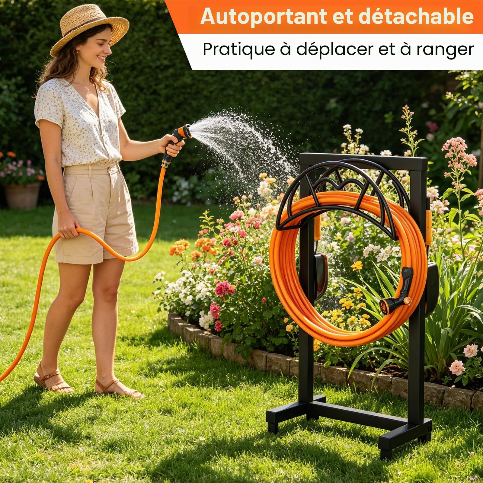 VyGrow Support de tuyau autoportant robuste pour l'extérieur, en métal amélioré avec 4 piquets, porte-enrouleur de arrosage amovible, noir