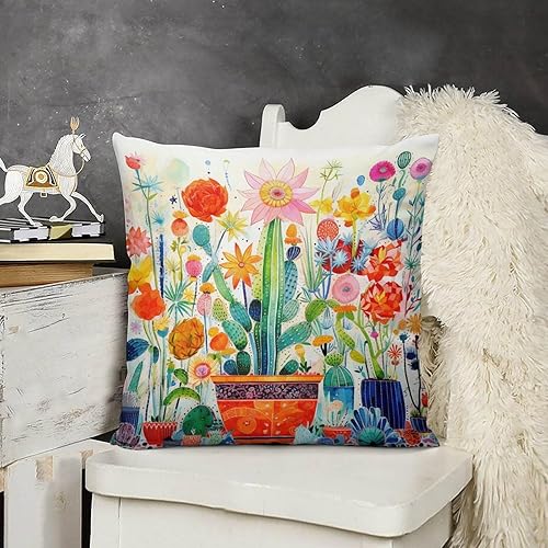 Cojines Decorativos para Sala - Funda de cojín de terciopelo con flores de cactus y otras plantas coloridas, para cama, sala de estar, 18 x 18