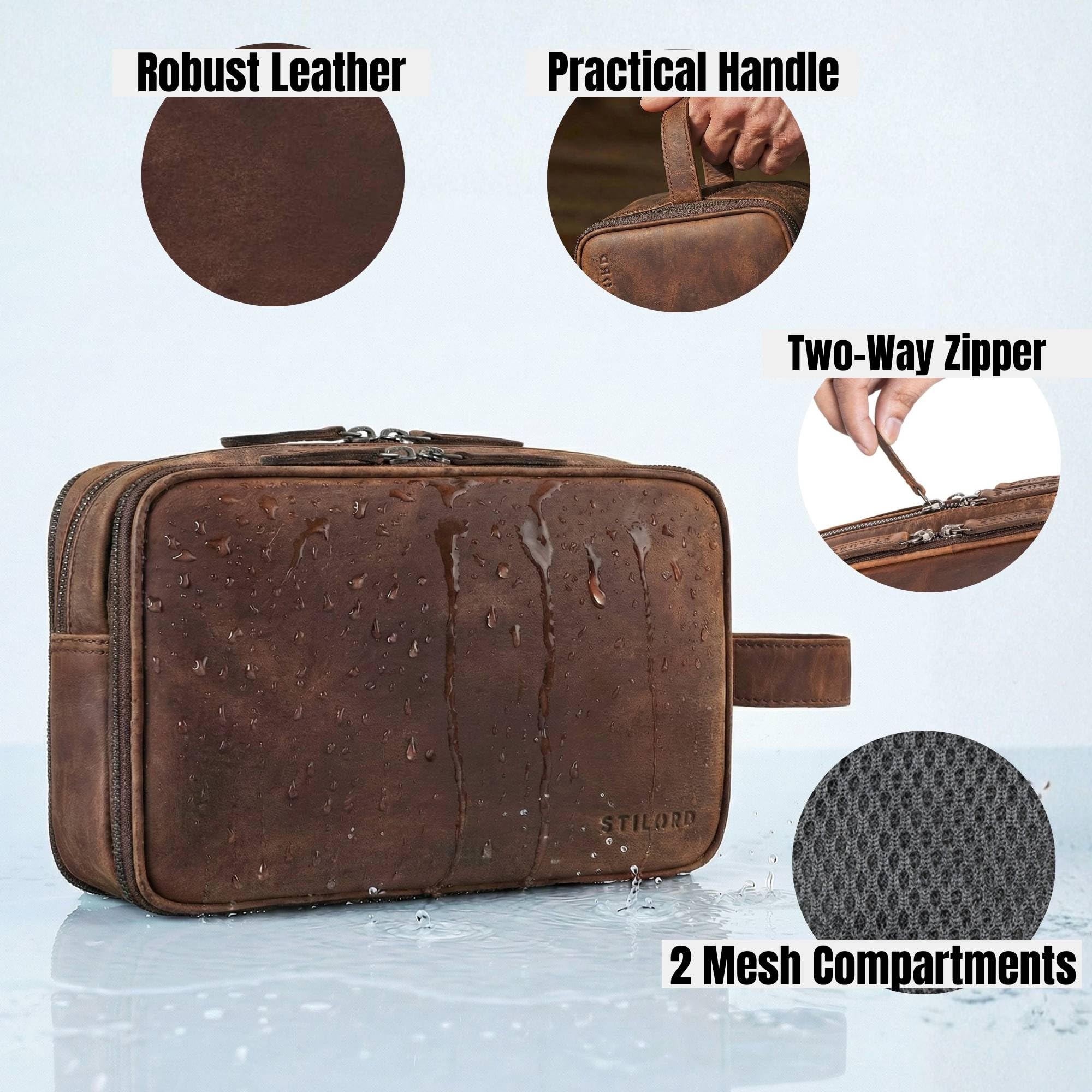 STILORD 'Catania' großer Reise-Kulturbeutel Leder Herren Damen Kulturtasche Schicke Kosmetiktasche Beautycase Badtasche Toiletry Bag Leather Wash Bag Echtleder Waschtasche, Farbe:Zamora - braun