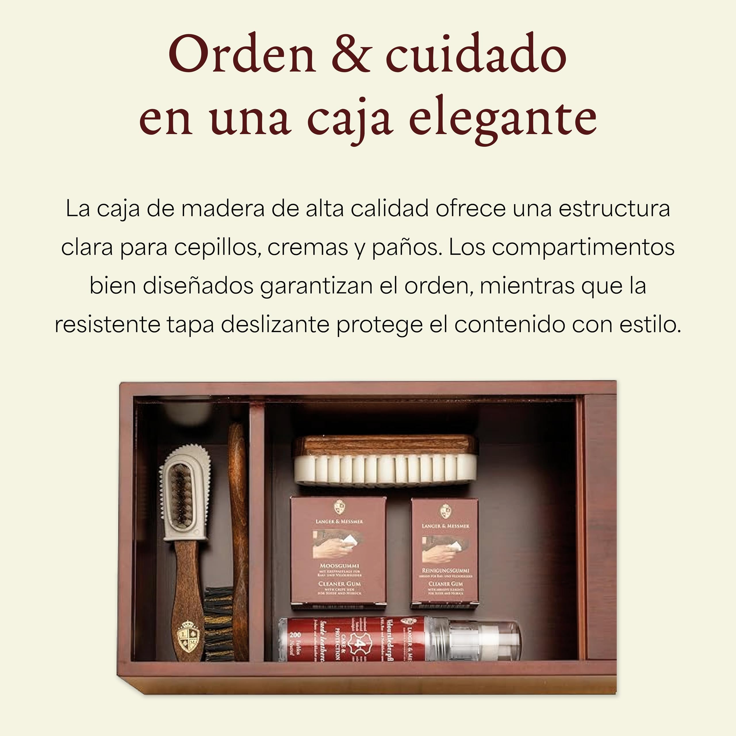 Langer & Messmer caja limpieza zapatos de alta calidad sin contenido o con set de cuidado de varias piezas con cremas para el cuidado, cepillos para zapatos y paños de algodón modelo Mannheim