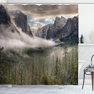 Ambesonne Yosemite Shower Curtain, Sun Peaks Over The Sierras for Its First Glimpse of Yosemite Valley in a Misty Morning, Cloth Fabric Bathroom Decor Set with Hooks, 69" W x 75" L, Green