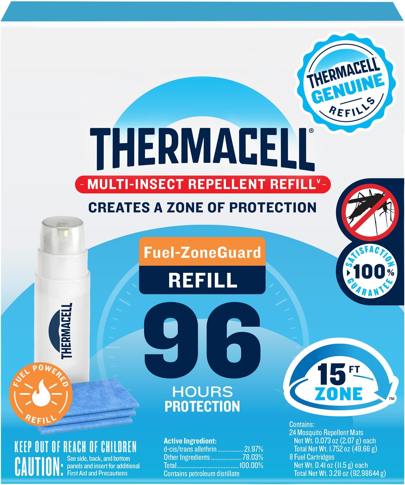Mosquito & Multi-Insect Repellent 96-Hour Refill; Includes 8 Fuel Cartridges & 24 Repellent Mats; Compatible W/Fuel-Powered Thermacell Repellers; Repels Mosquitoes, Noseeums & Black Flies