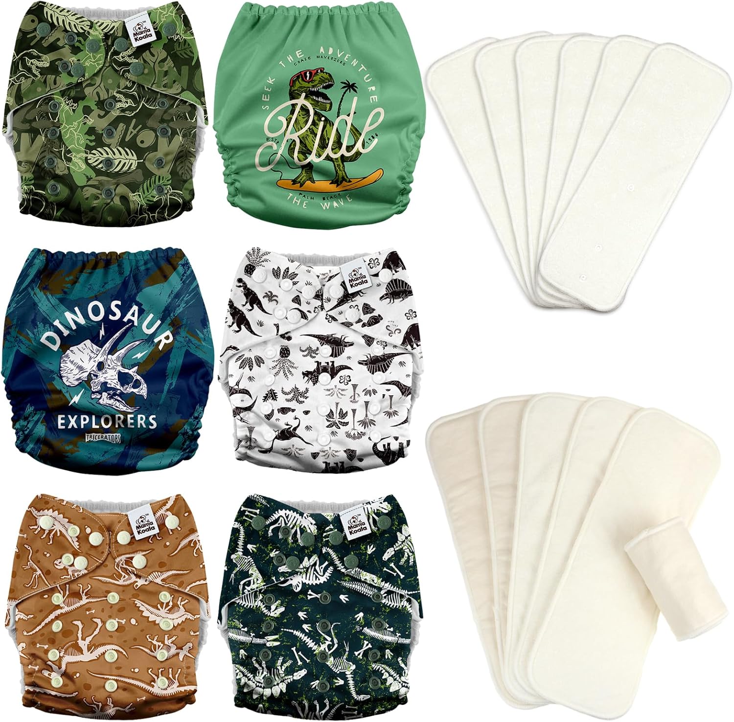 Mama Koala 3.0 Baby Cloth Diapers with 6 Inserts Bundle, with 6pcs 6-Layer Bboo Hemp Cotton Inserts