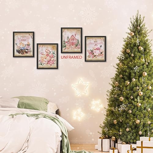 Miniatura 5 de Hxlac Juego de 4 impresiones artísticas de pared rosas de Navidad sin marco, decoración de Navidad rosa, decoración de pared de pan de jengibre,
