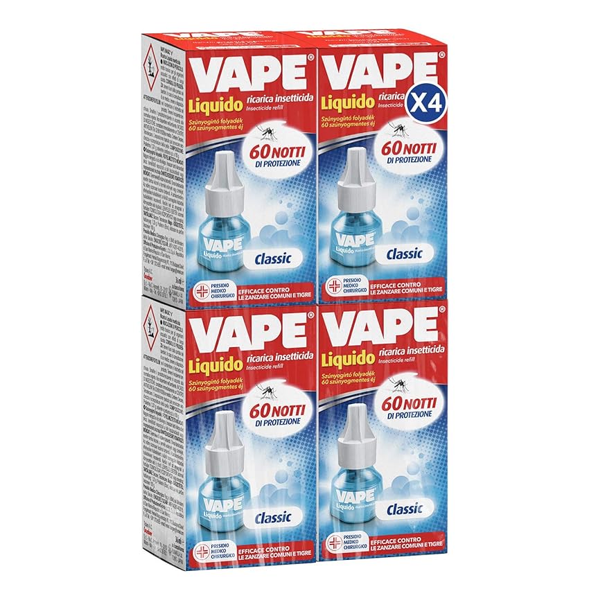 Immagine del prodotto Vape Ricarica Liquida Antizanzara, Refill Quadripack per Emanatore, 60 Notti di Protezione, Profumo Classico, 1 confezione x 4 pezzi