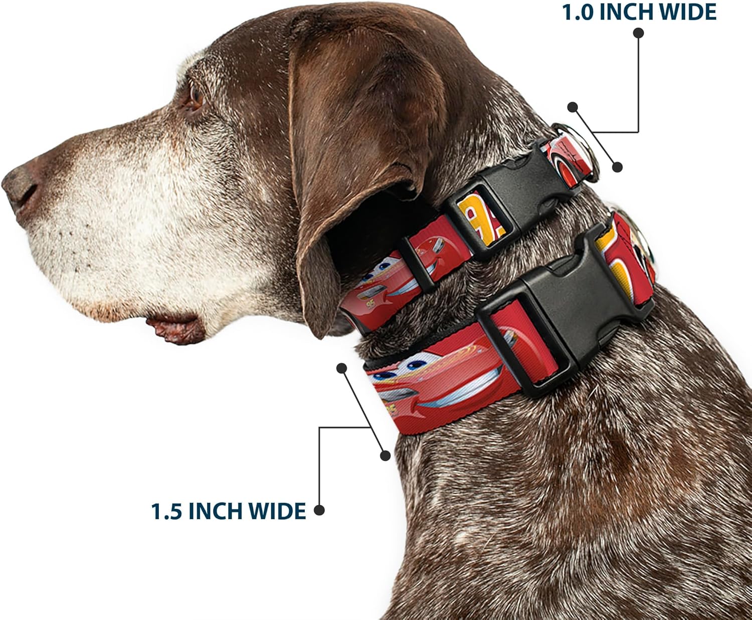Disney Pet Collar, Dog Collar Plastic Buckle, Cars Lightning McQueen Smiling Pose 95 Reds White Orange, 20 to 31 Inches 1.5 Inch Wide