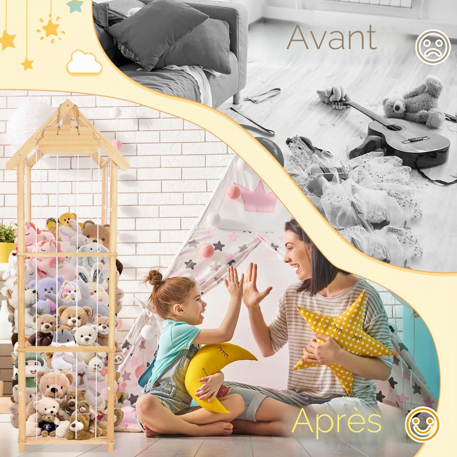 Rangement en bois pour doudou - 150 x 42 x 40 cm - Offre de la place pour les grandes peluches - Rangement pour chambre d'enfant, salon, salle de jeux, chambre à coucher
