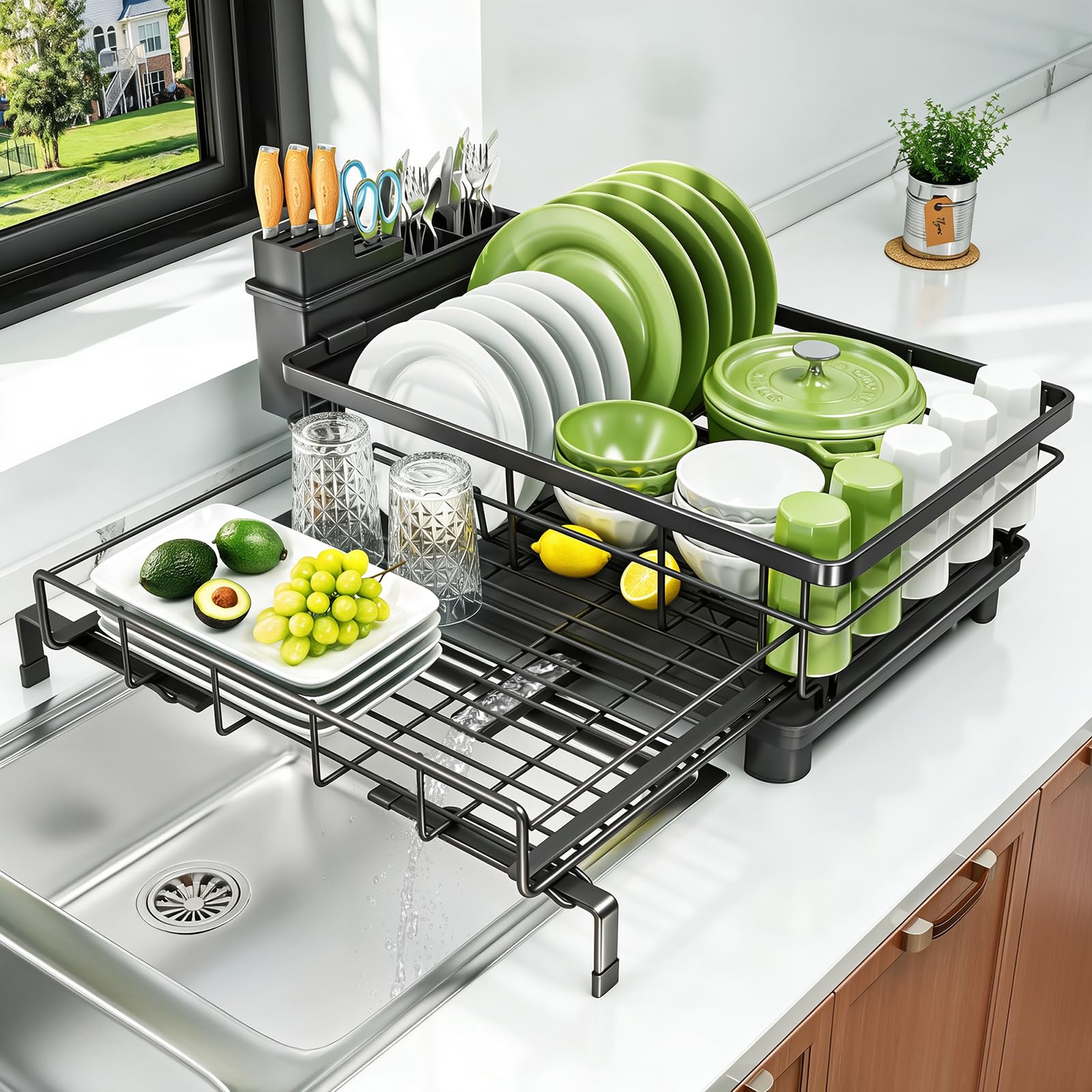 caktraie Dish Drying Rack - Extendable Dish Rack, Drying Rack Kitchen