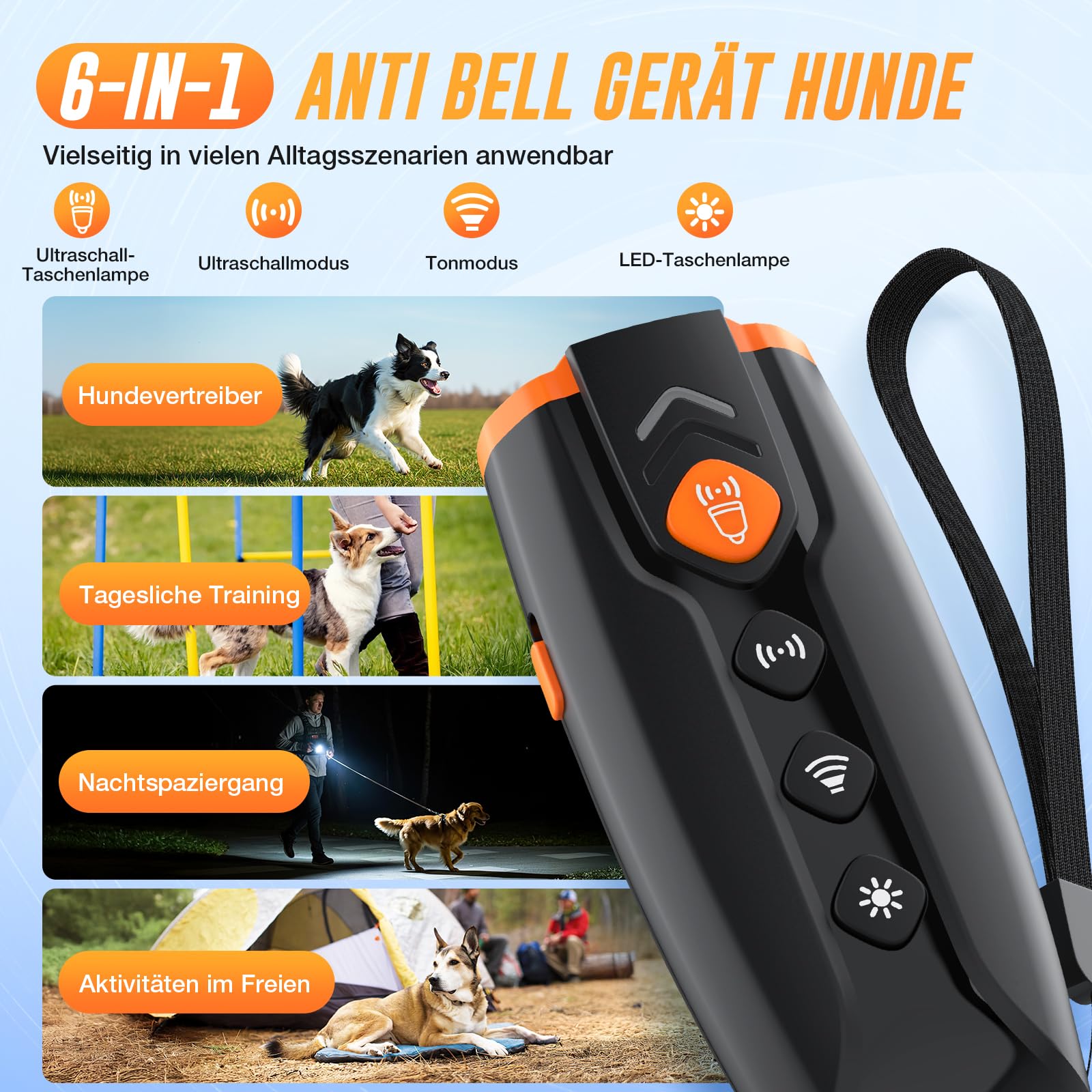 HZK Ultraschall-Hundegebell-Abwehrgerät, Wiederaufladbares Anti-Bell-Gerät mit 4 Modi (Akustisch/Ultraschall/Stroboskop+Ultraschall/LED-Taschenlampe),7 M Reichweite,Geeignet für das Hundetraining