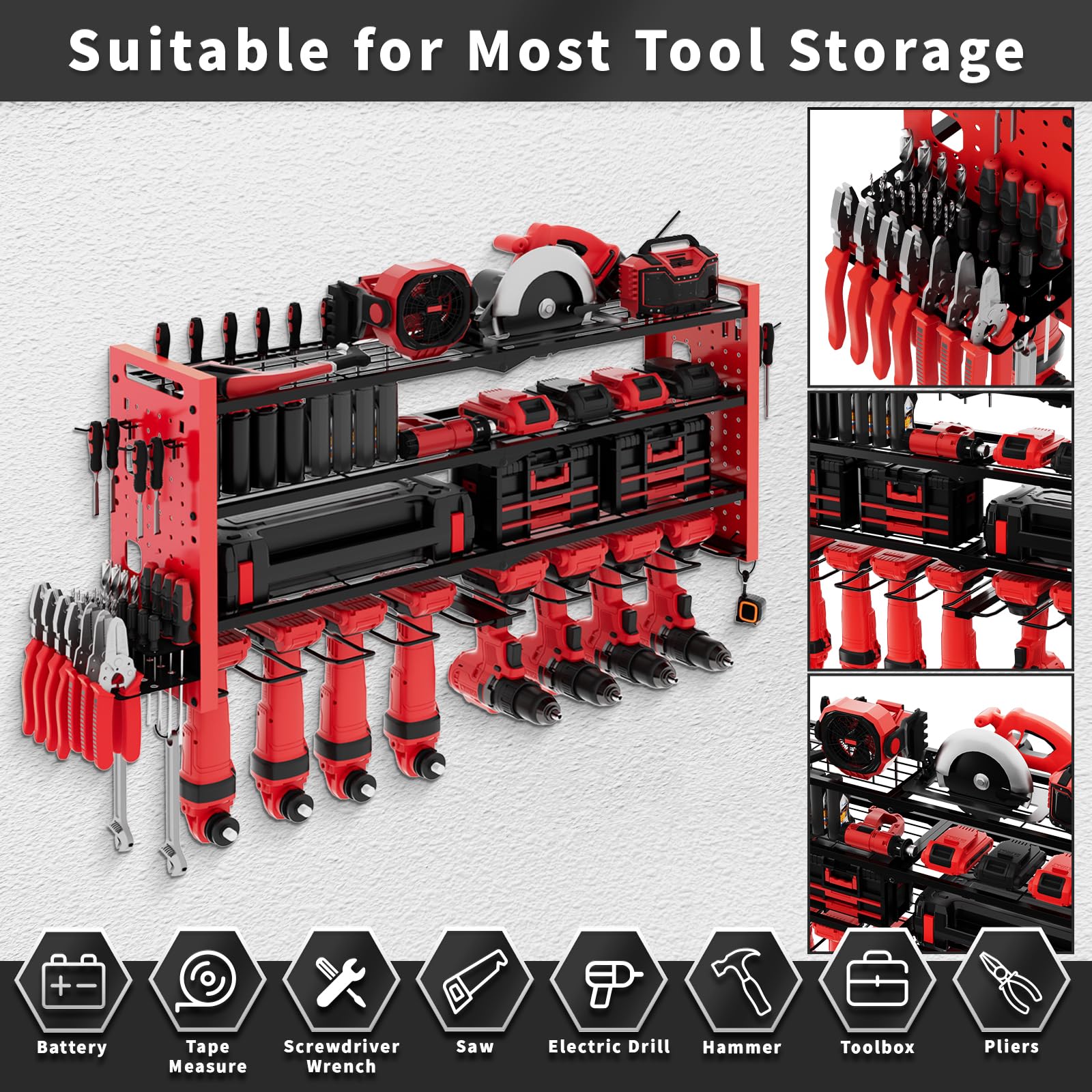 Support mural pour outils à 3 niveaux - Pour 8 outils électriques - Parfait pour les garages et les ateliers (81 x 42 x 20 cm)