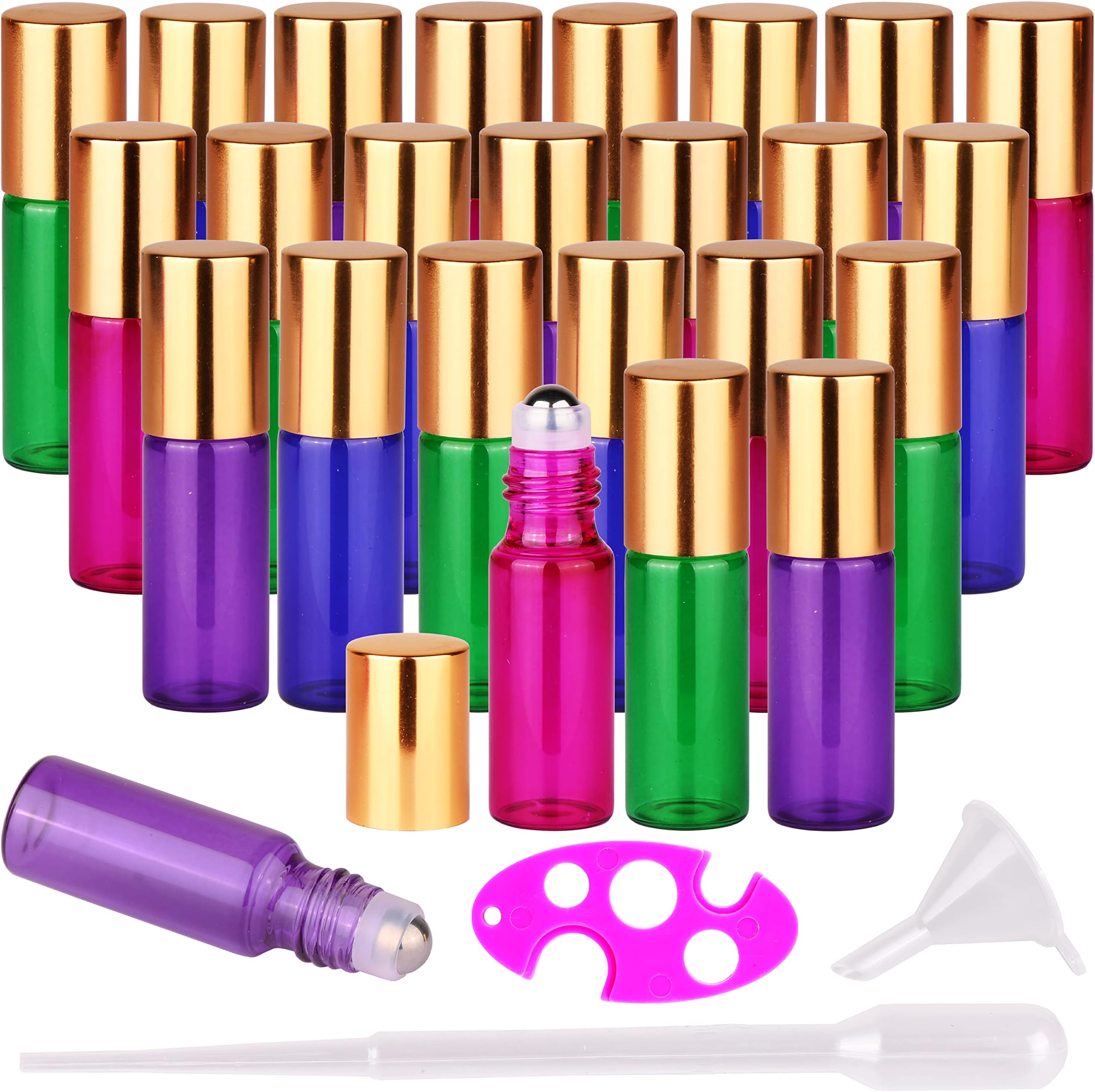 MaxMau 24 Pack Essential Oils Roller Bottles,5ml Colourful Roll On Bottles Steel Roller Balls Metal Cap for Aromatherapy Perfume