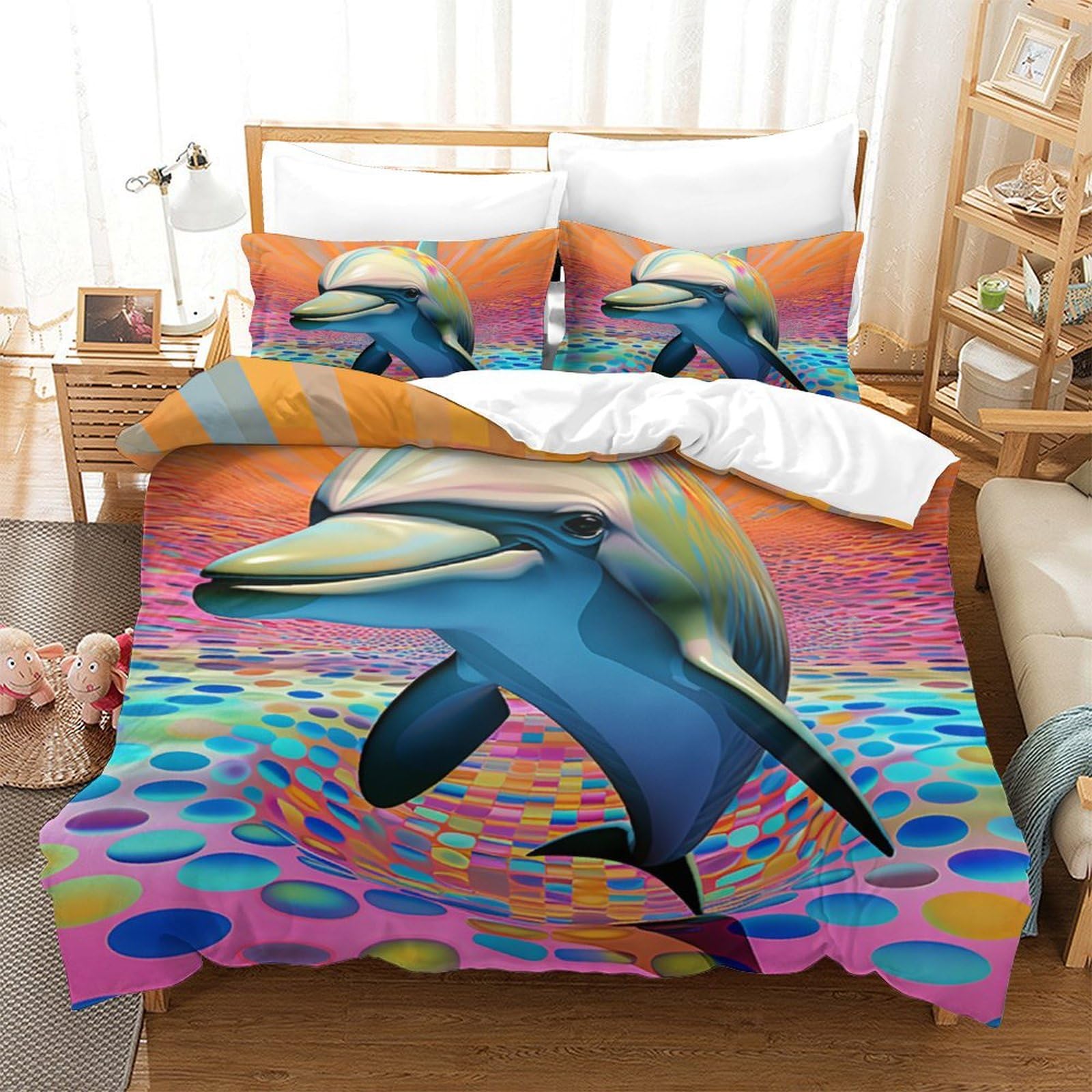 Parure de lit dauphin 3D 220x240 cm avec housse de couette microfibre et taies pour lit King