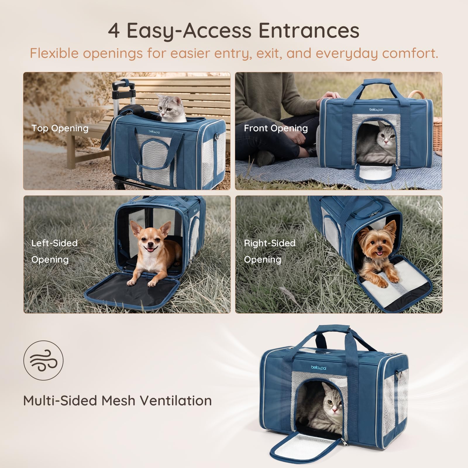 BELLA & PAL Sac de Transport Chat avec roulettes 45x28x28 cm | Trolley pour Chat & Petit Chien | Sac Pliable Homologué Avion avec Chariot Amovible, Fermetures Auto-Bloquantes & 3 Accès