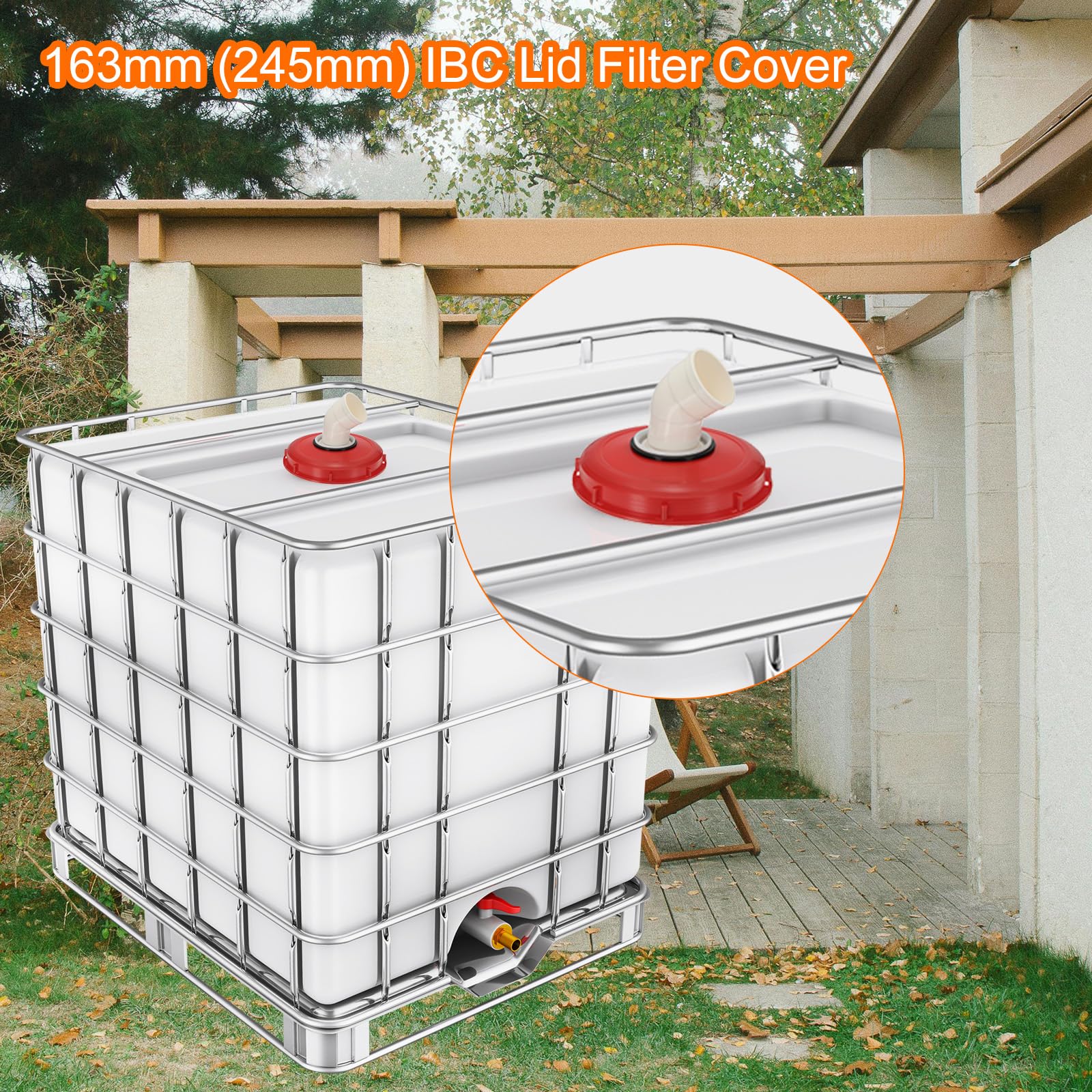 sourcing map Tapa de filtro IBC de 245 mm, adaptador de manguera de plástico IBC de 45°, contenedor de tanque de agua de lluvia de 1000 L con filtro de nailon lavable para tanques de agua de 275