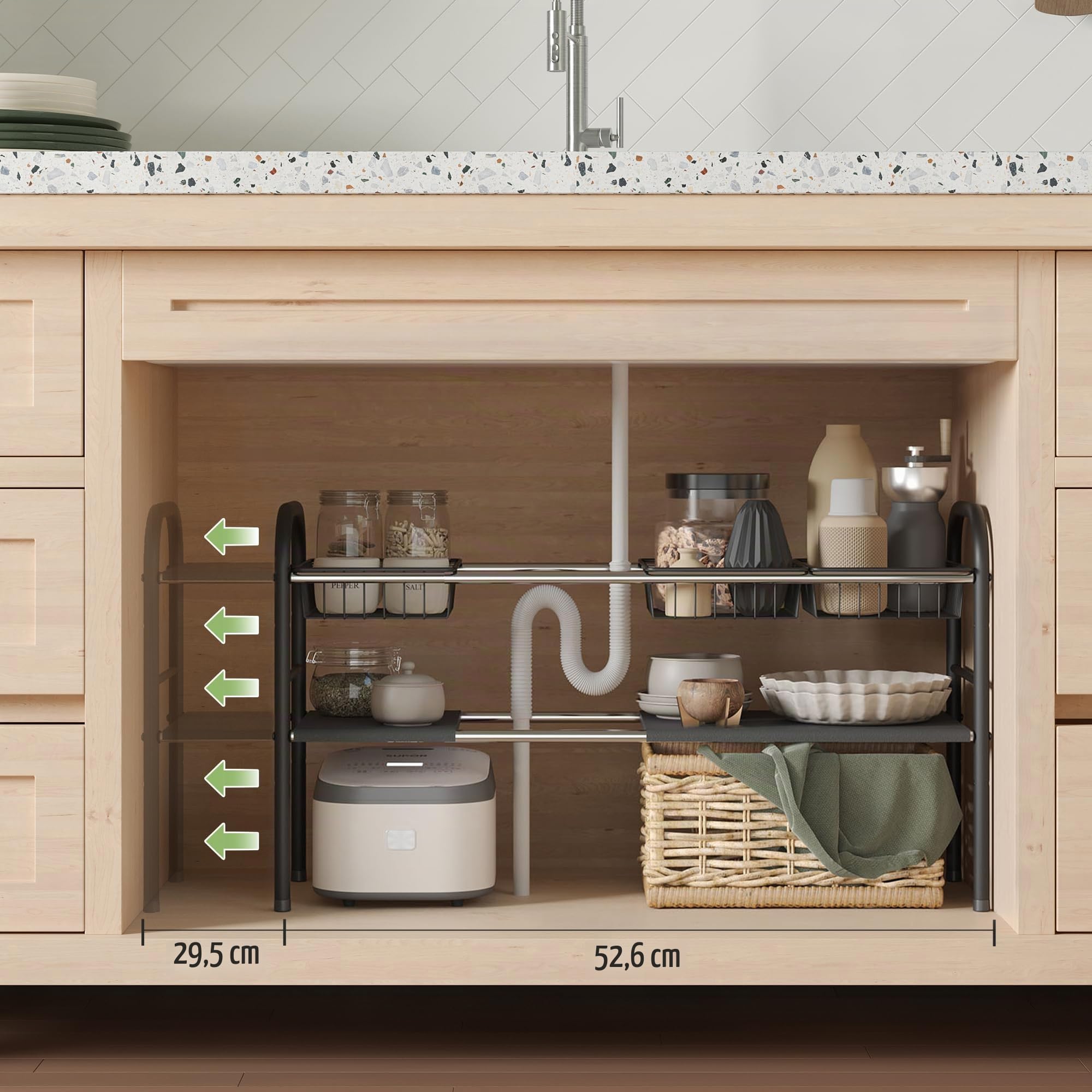 NETEL Étagère extensible sous l'évier, organiseur de placard, étagère sous évier pour cuisine et salle de bain, avec 6 panneaux et 2 paniers