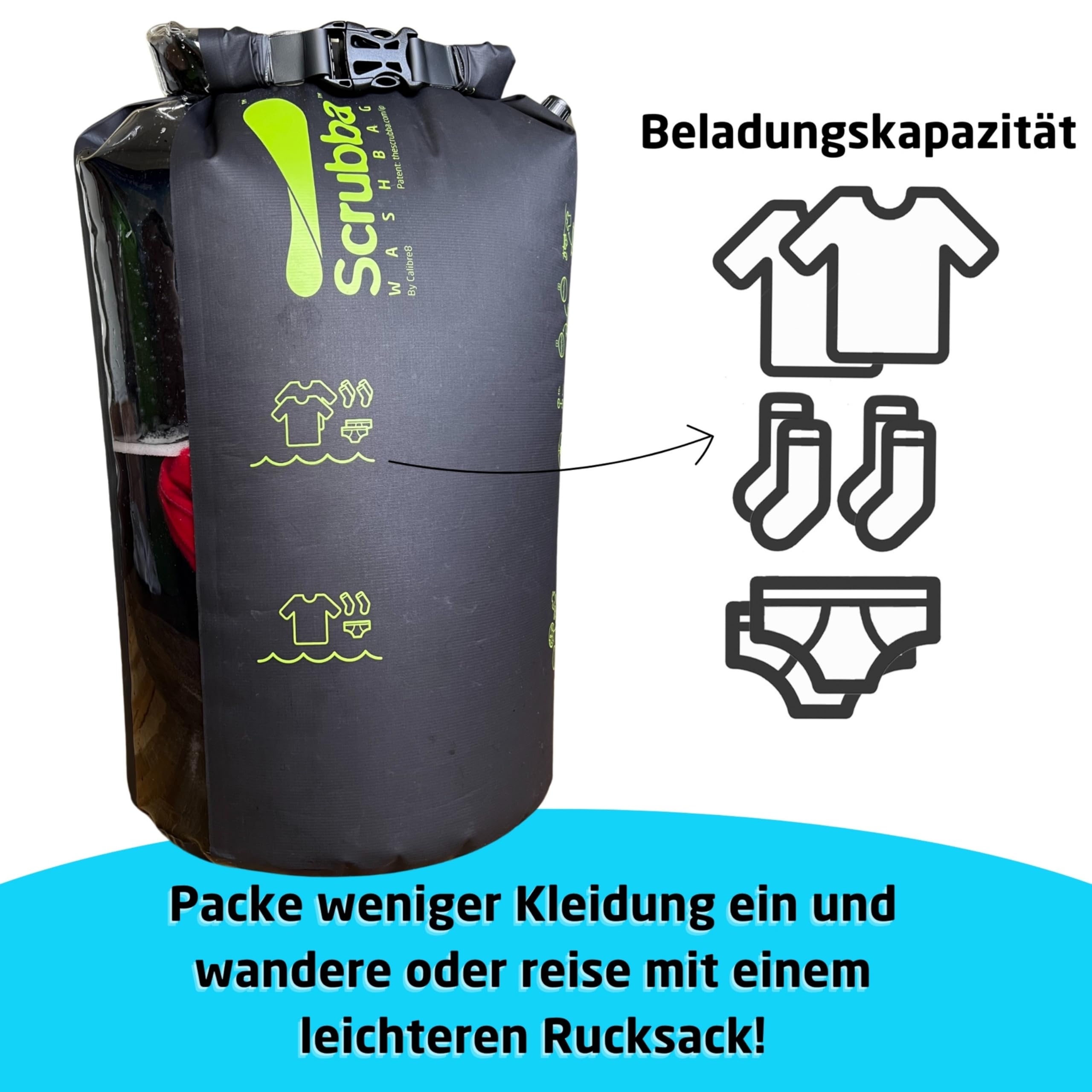 Scrubba Waschbeutel – Tragbare Mobile Waschmaschinen für Reisen & Camping – Leichte Handwaschmaschine Reiseutensil für Kleidung & Babykleidung – Nutzt Waschmittel oder Handseife – 150g