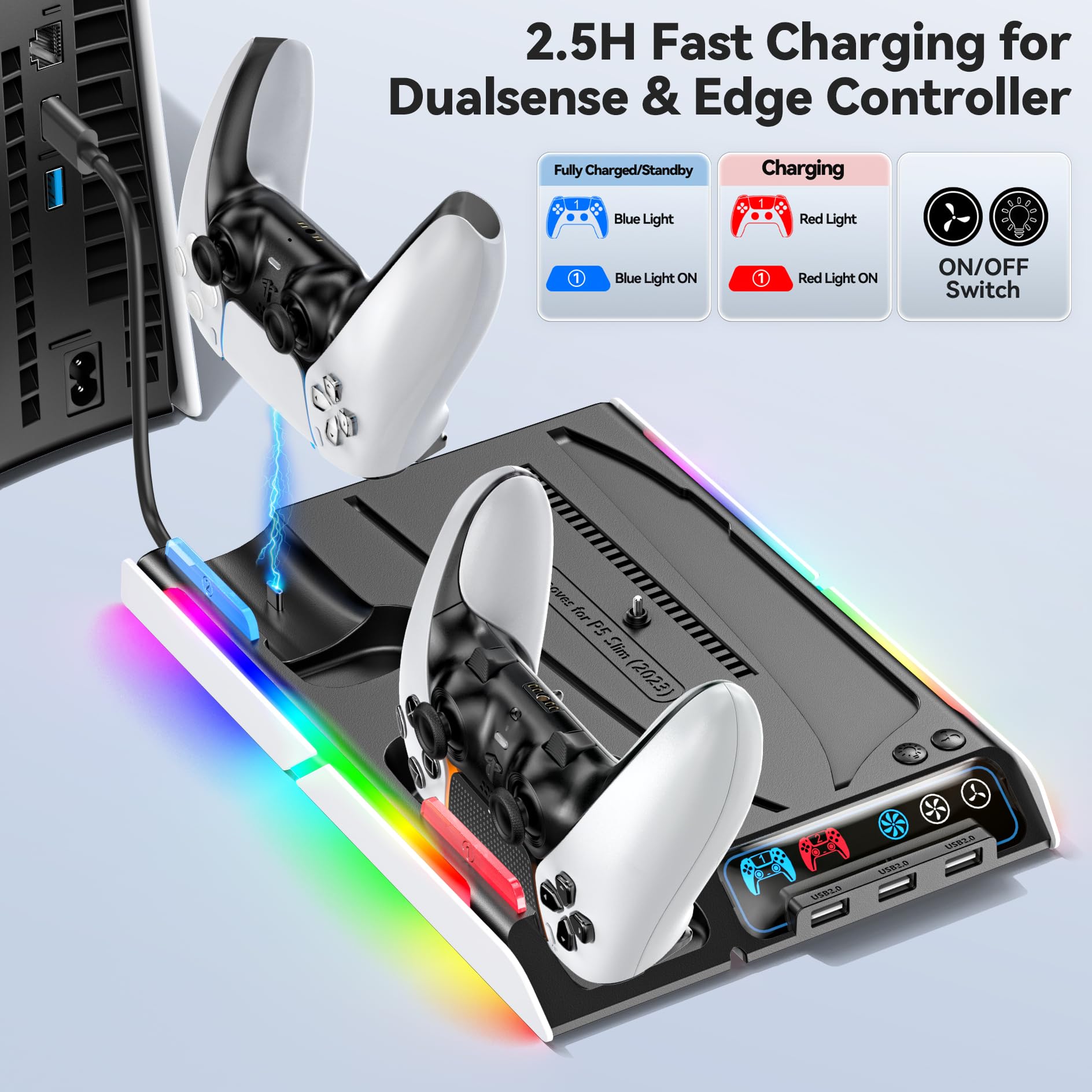 Supporto PS5 Slim con Ventola di Raffreddamento, Staffa per PS5, Base Ricarica Controller PS5, PS5 Accessori per PS5 Slim/P5 Digital Edition e Disc Edition
