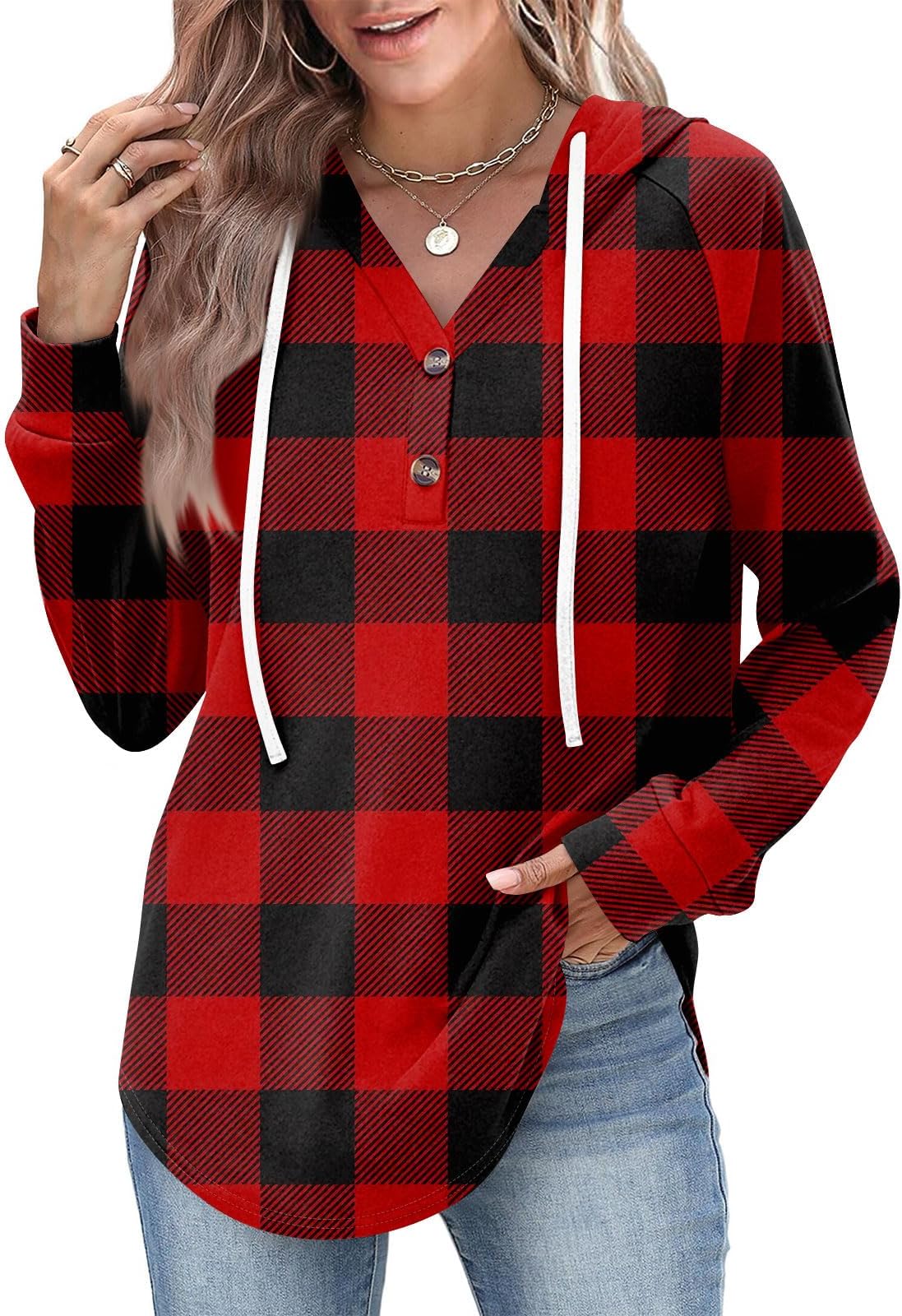 Hoodies for Women Pullover Plaid Comfort Hoodie Fall V Neck Hooded Sweatshirt Casual Comfy Long Sleeve Shirts