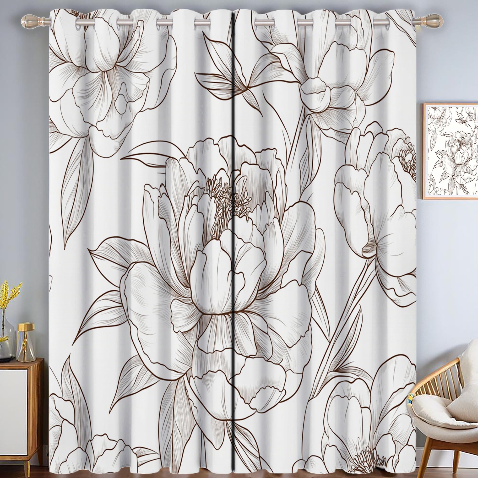 Rideaux blancs pivoine 140x225 cm | Paire de rideaux isolants à oeillets dessinés main
