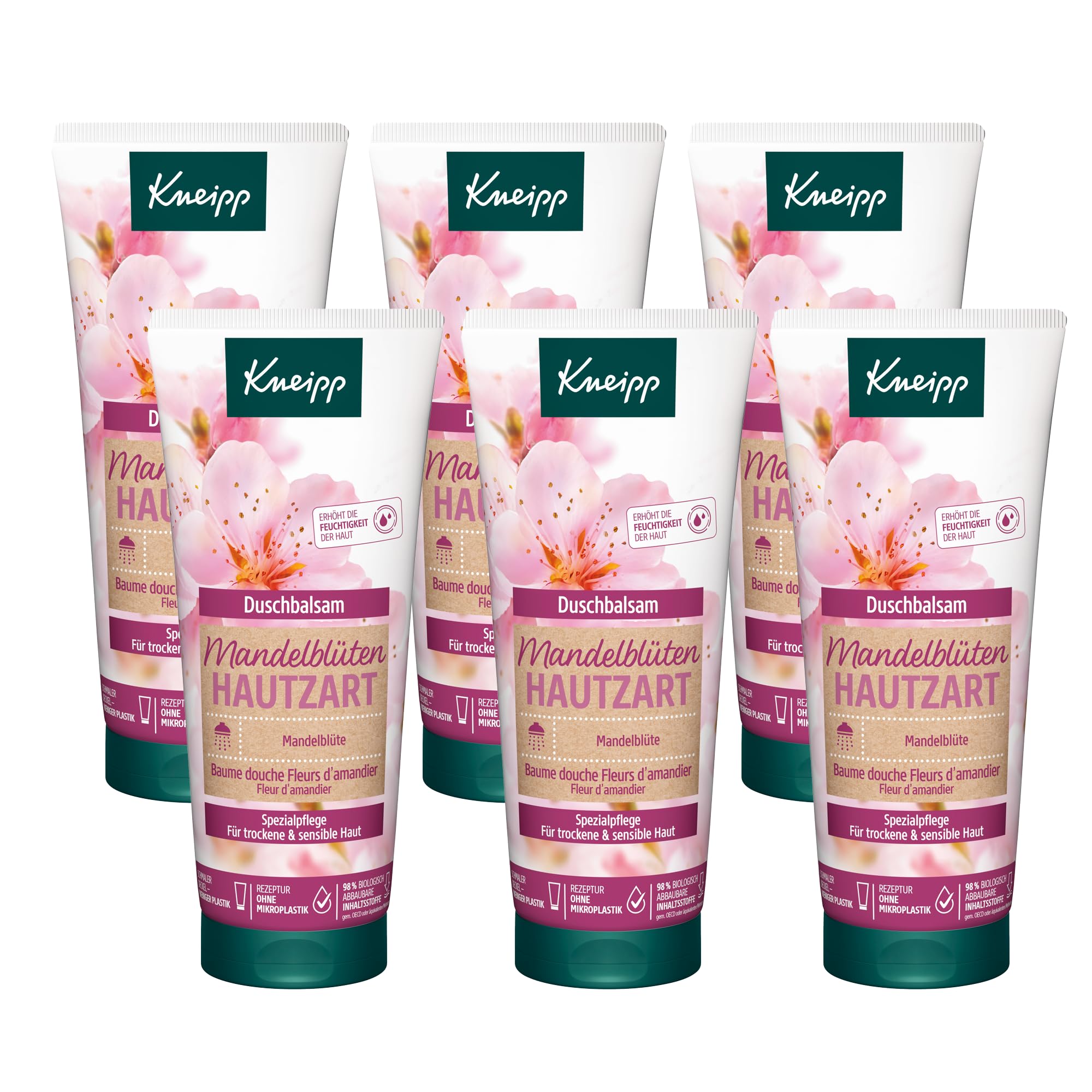 Kneipp Duschbalsam Mandelblüten Hautzart - feuchtigkeitsspendende Duschcreme mit Mandelmilch & Mandelöl für geschmeidige Haut - Multipack 6 x 200ml