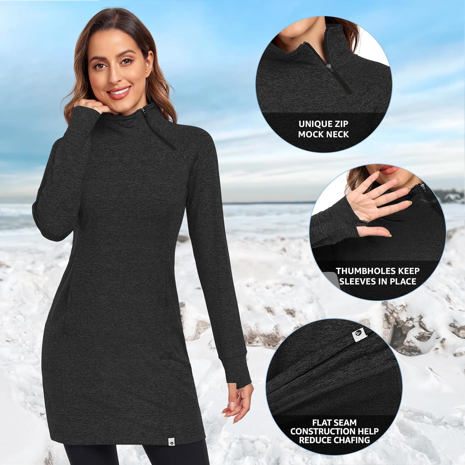 Soneven Women's Fleece Running Dress Tunic Sweatshirt 1/4 Zip Mock Neck Winter Dress with Thumb Holes and Pockets - Image 2