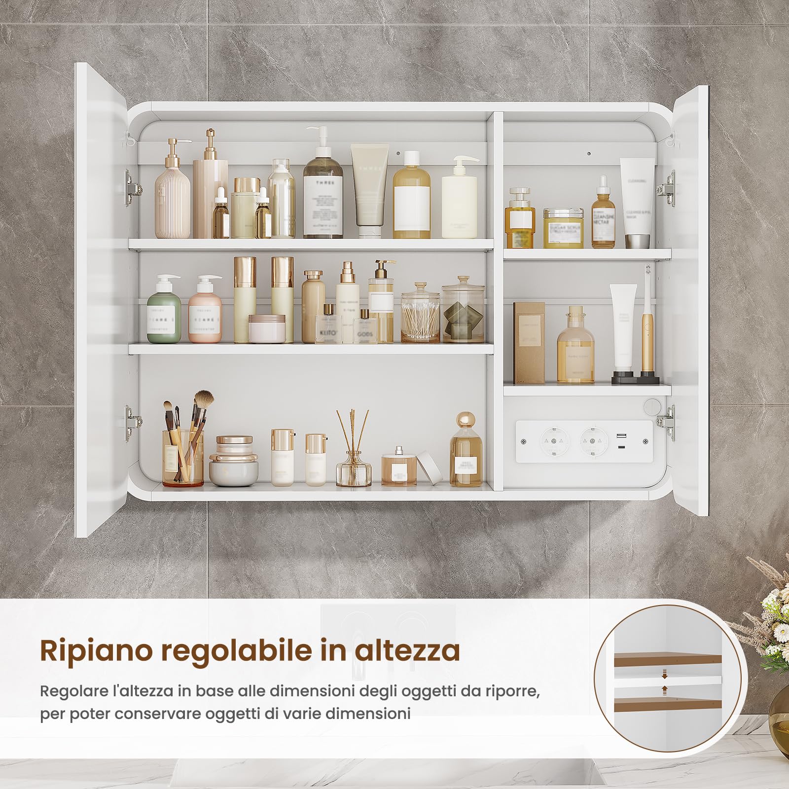 Specchio Bagno con Luce LED Regolabile, Specchio Bagno Contenitore 80x15x60 cm con Presa Elettrica, 2 Ante Specchiera Bagno con Ripiani Regolabili, Specchio Grande HD, Pulsante Touch, Bianco