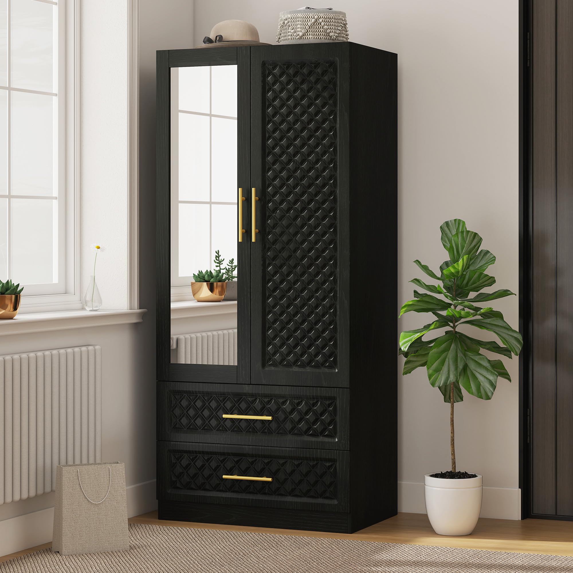HOMCOM Armario Dormitorio 2 Puertas y 2 Cajones Espejo 80x50x180 cm Negro