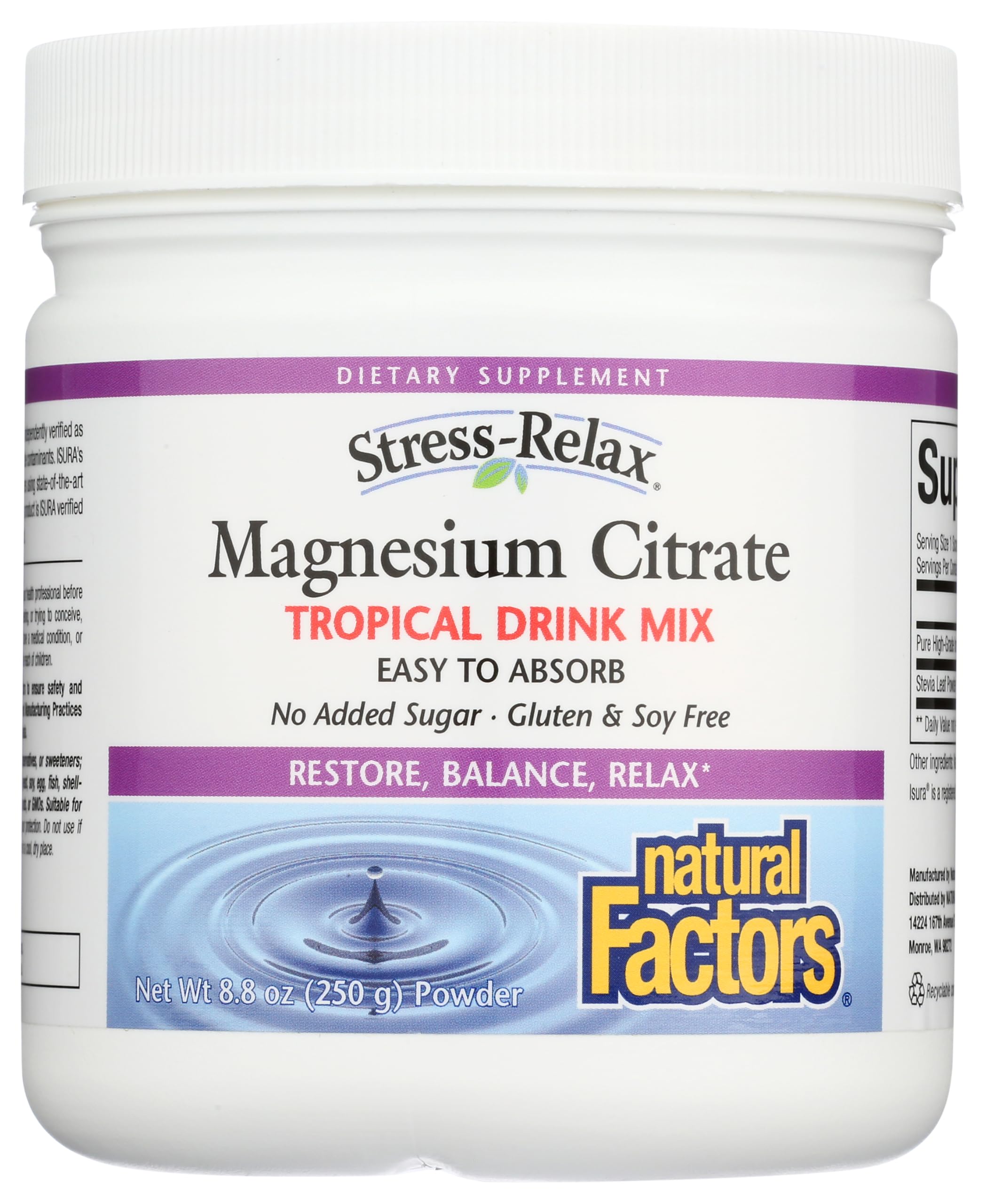 Stress-Relax Magnesium Citrate Drink Mix by Natural Factors, Restores Normal Levels of Magnesium & Balances Calcium Intake, Non-GMO, Tropical Flavor, 8.8 oz (75 servings)