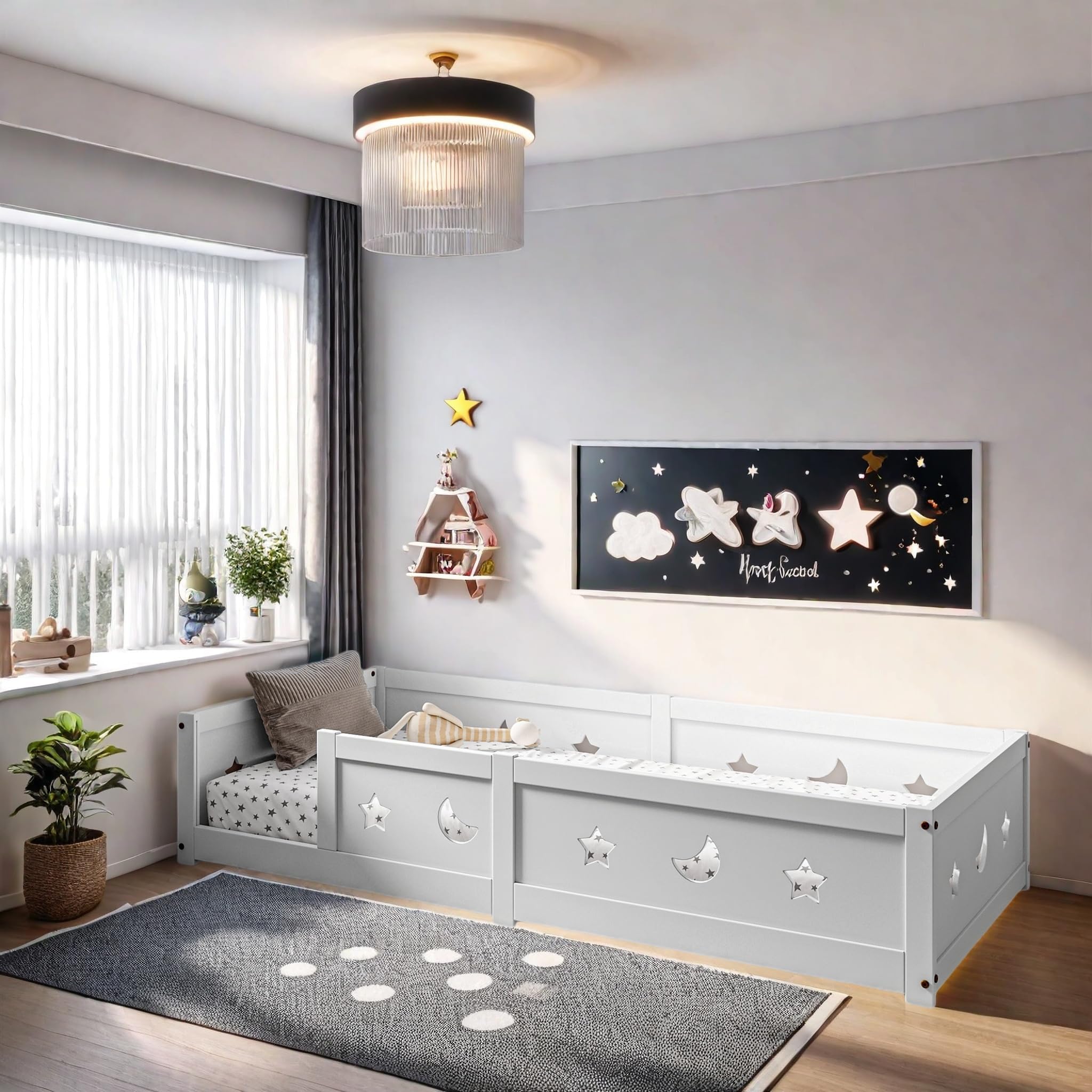 Cama Montessori 140x200 cm, Cama Doble Infantil con Protección Anticaída y Somier de Láminas, Baby Bed Toddler Bed para Niños y Niñas, Estrella y Luna, Pino, Sin Colchón, Blanco