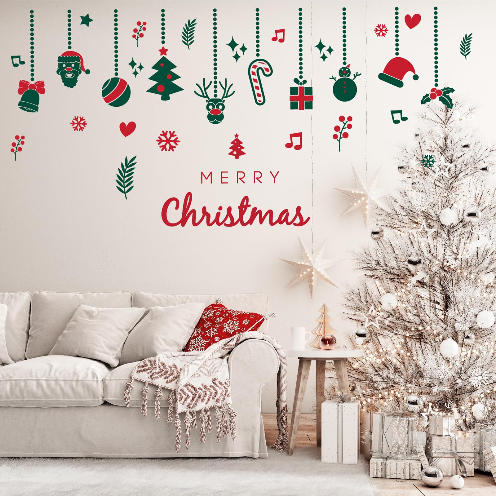 Christmas Wall Decals Peel and Stick, Removable Hanging Ornaments & Holiday Decorations with Santa, Reindeer, Christmas Tree