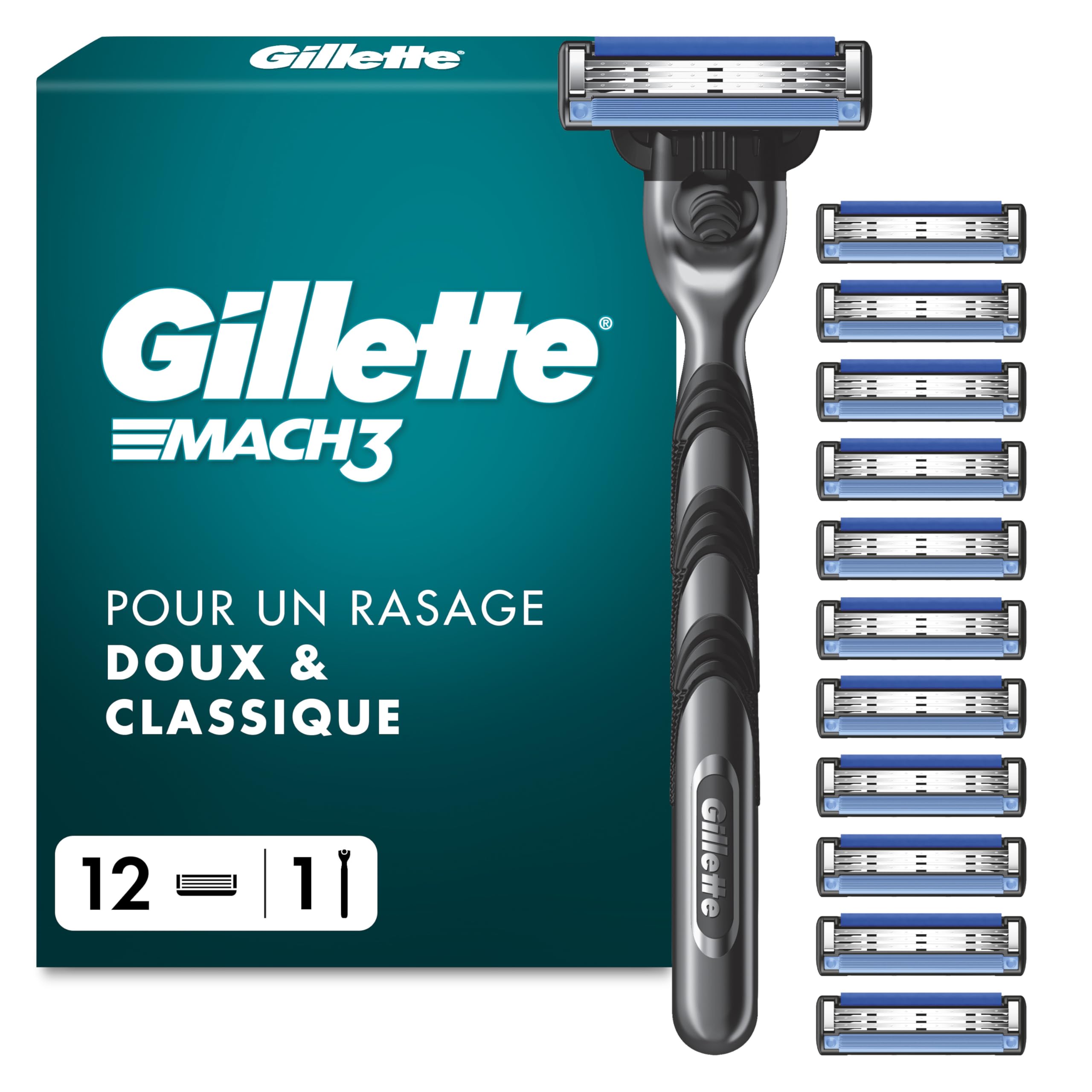 Gillette Rasoir Homme Mach 3, avec 12 Recharges, Noir | Manche Réutilisable, Cartouche à 3 Lames en Acier Inoxydable, Bande Lubrifiante, 1 Cartouche Jusqu’à 15 Rasages