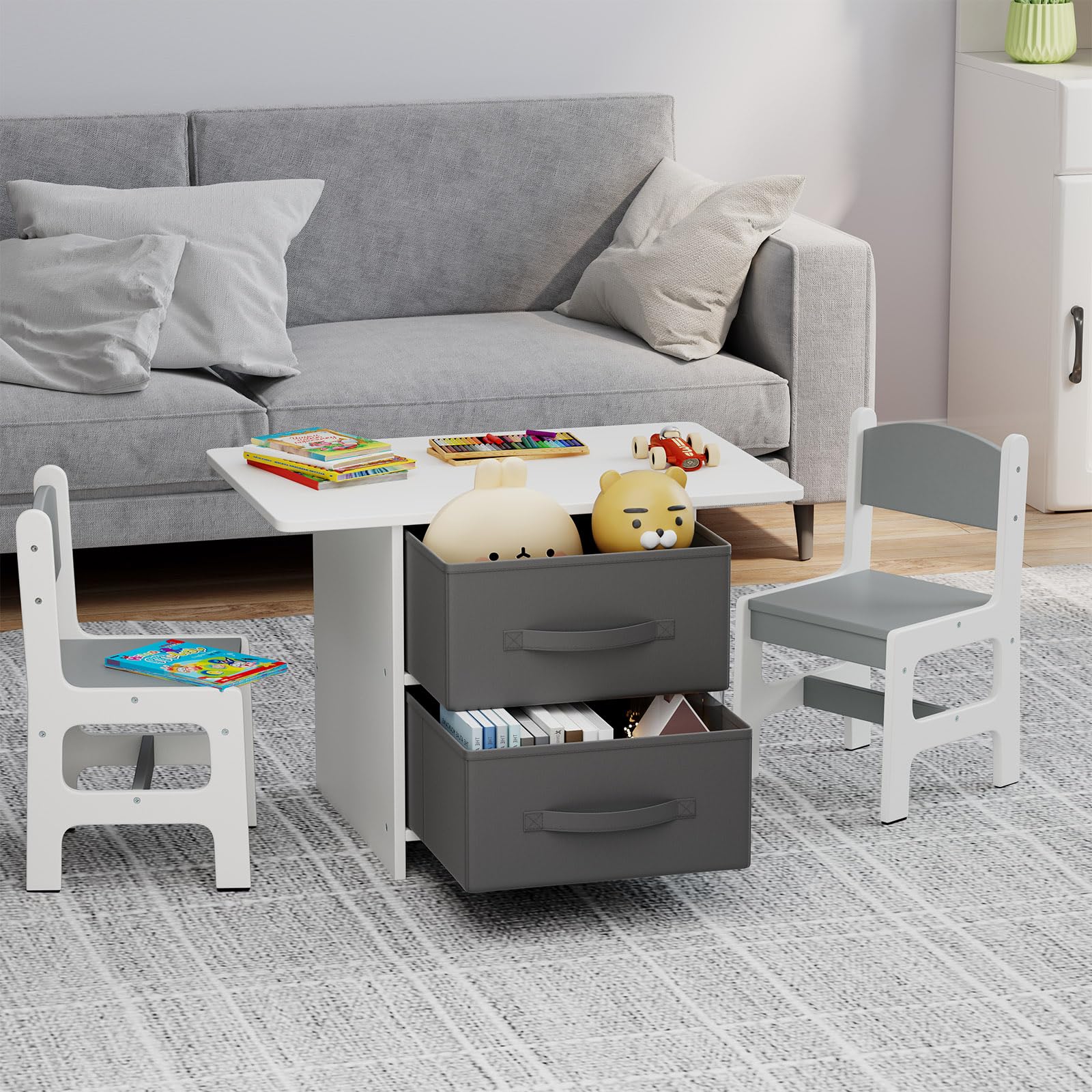 COSTWAY Set Tavolo e Sedie per Bambini 1-7 Anni, Tavolino in Materiale Atossico e Indore con 2 Sedie Ergonomiche con Schienale, Angoli Arrotondati, Ideale per Giocare, Disegnare e Leggere (Grigio)