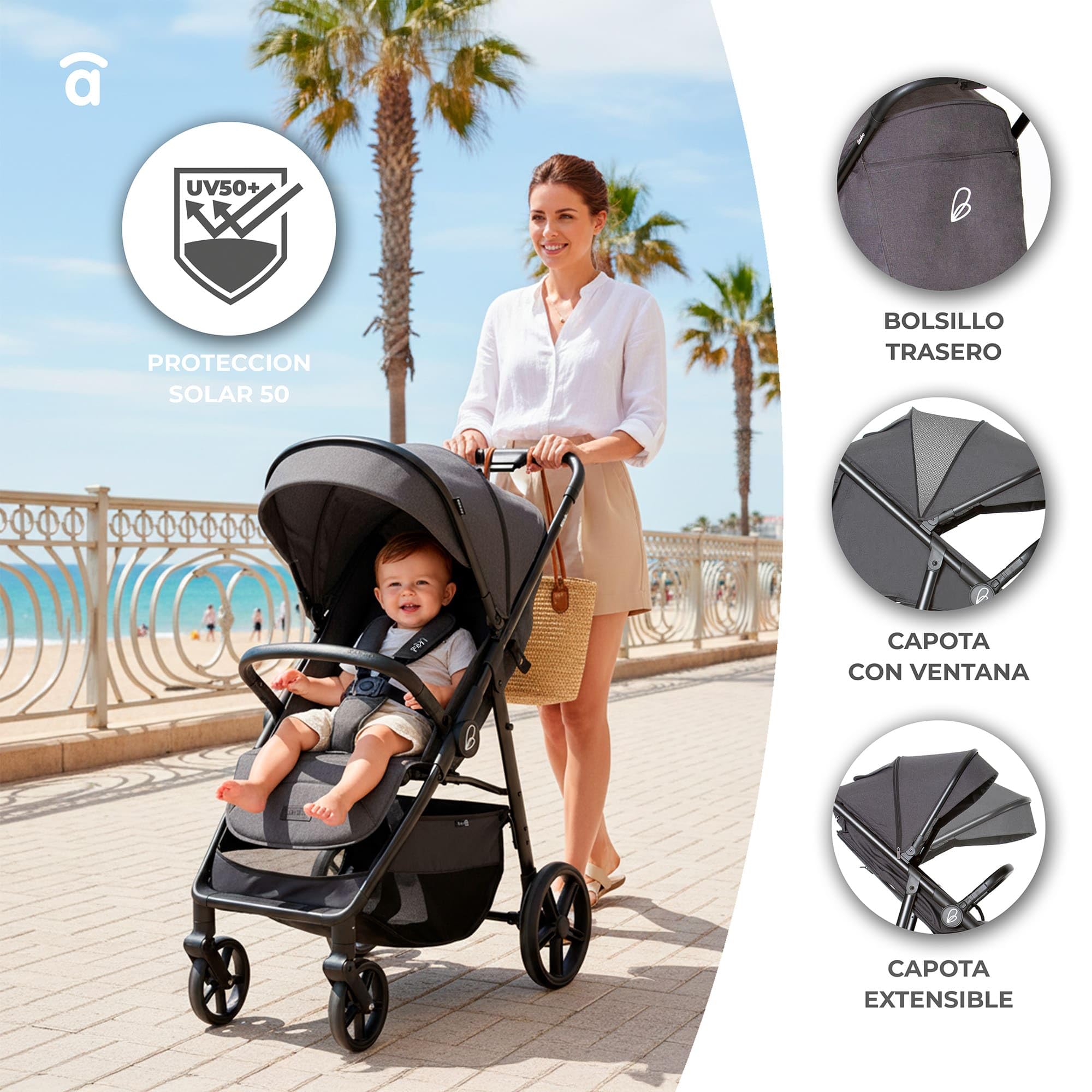 Asalvo FIYI Silla de Paseo, Carrito bebé, Carro para bebés, Confortable, Ultraligera, Segura, Capota con Ventana y Freno Trasero, Manejable, Plegado compacto, Carga Máxima 24 kg, Negro