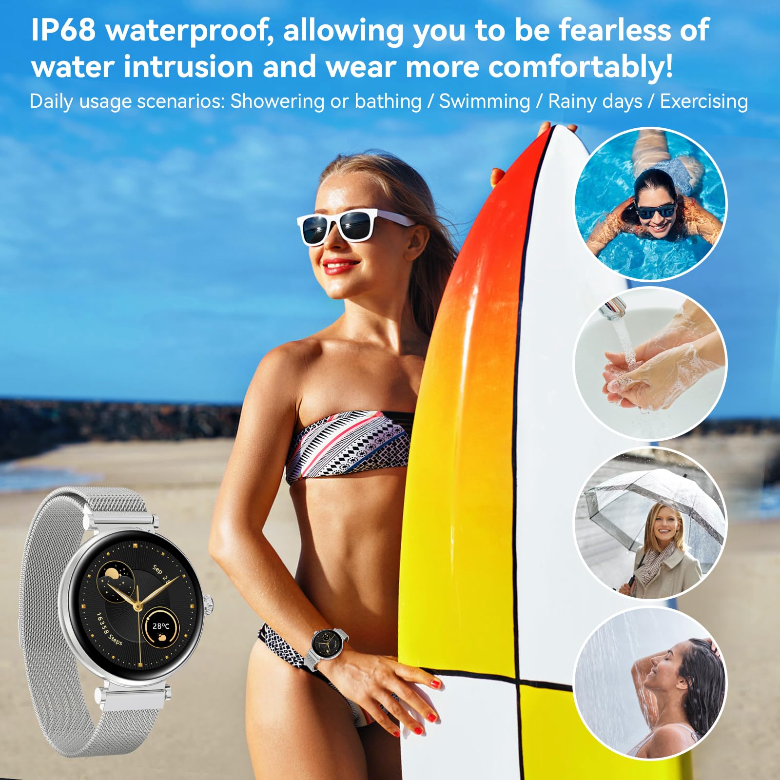 Bebinca Orologio da donna con funzione telefono, touch screen quadrato HD da 1,32", tracker fitness, impermeabile IP68/frequenza cardiaca/120+ modalità sport per Android iOS (Argento)