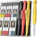 Nicpro CP3000 Crayon de menuiserie avec épurateur, 2 Crayons de menuiserie mécanique pack avec 38 Recharges, marqueur de trous profonds pour la construction, outils de menuiserie lourde pour le marquage d'architecte (noir, rouge)