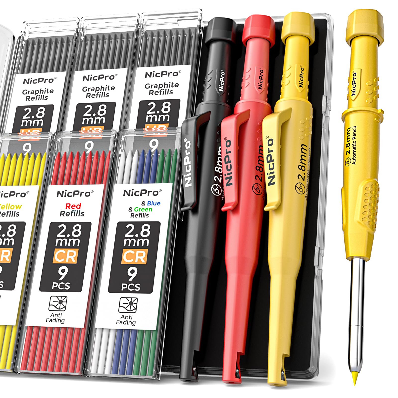 Nicpro 3 Pack CP3000 Carpenter Pencil with Sharpener, Mechanical Carpenter Pencils with 57 Refills