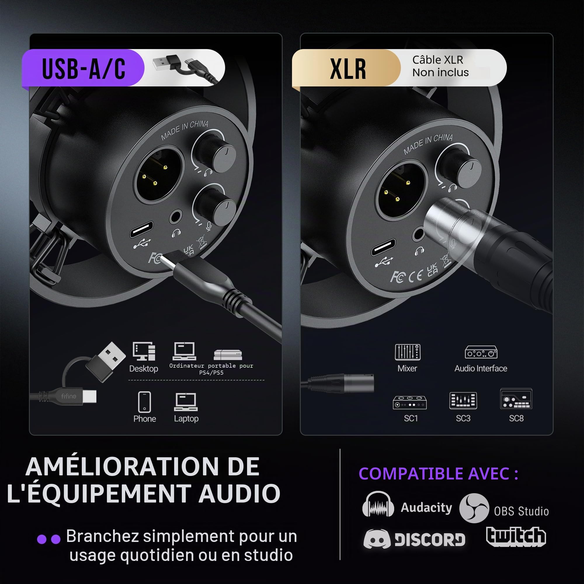 FIFINE K688 Kit de microphone pour podcast, microphone dynamique USB/XLR avec perche pour PC/mixeur XLR, microphone de jeu avec bouton de sourdine, prise casque pour voix, voix-off, streaming