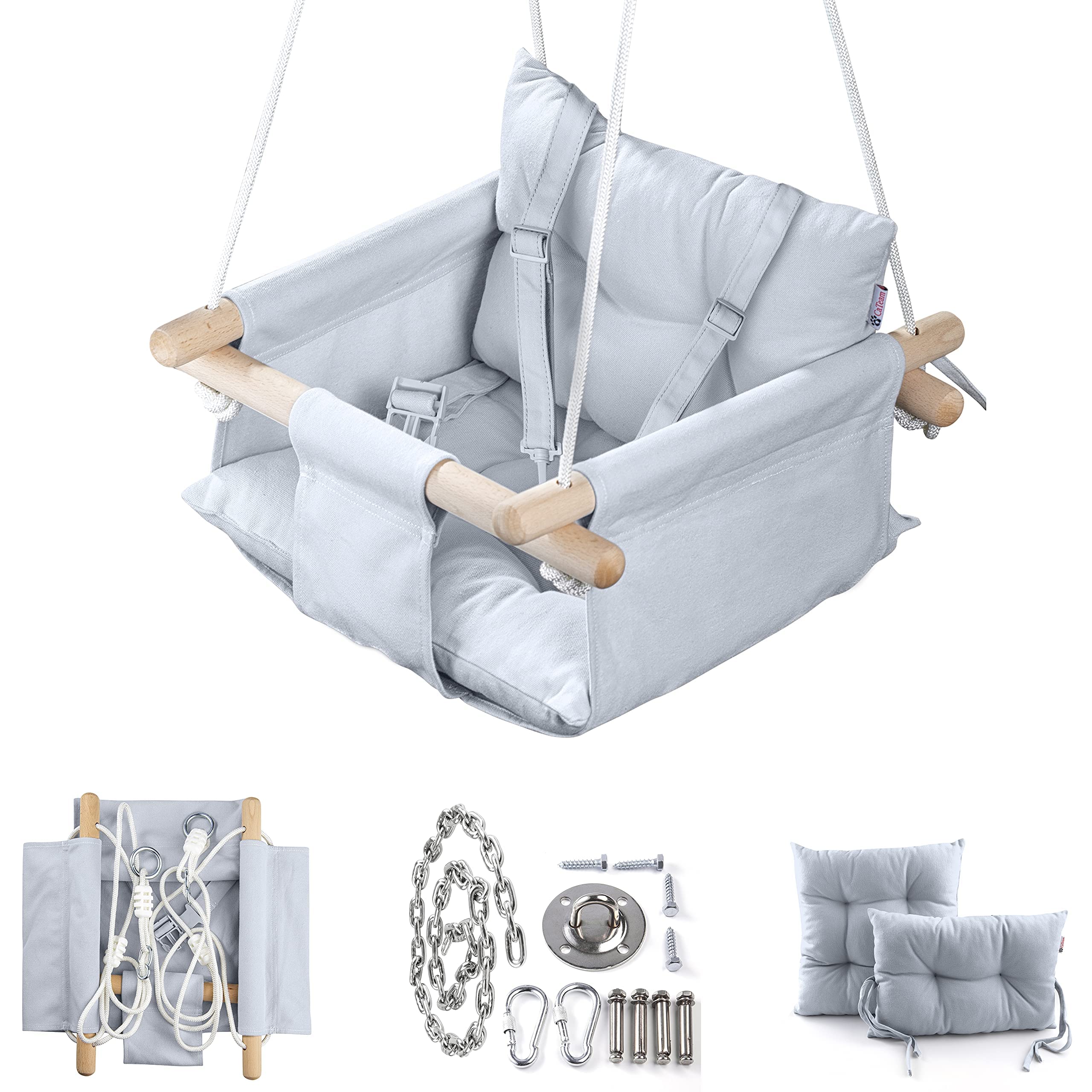 CaTeam - Canvas Baby Swing, Wooden Hanging Swing Seat Chair with Safety Belt, Durable Baby Hammock Chair, Outdoor and Indoor Swing for Kids, Mounting Hardware Included, Gray