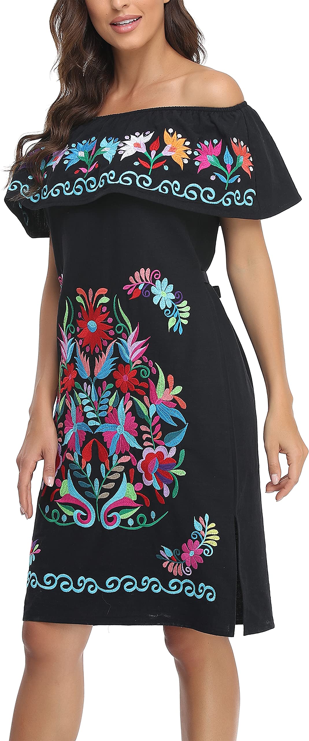 Women Mexican Embroidered Dress Ruffle Collar Sleeveless