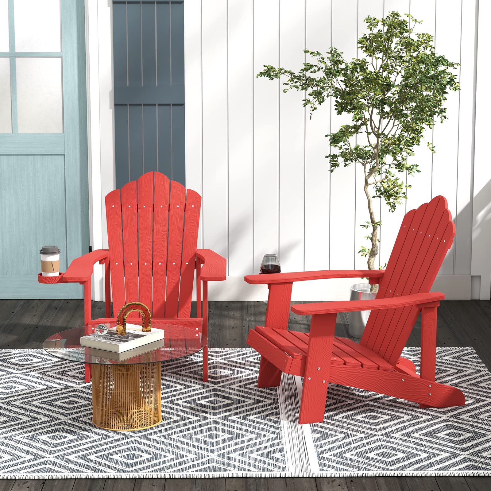 GOPLUS Adirondack Stuhl, Gartenstuhl ergonomisch mit Armlehnen, Hochlehner & Getränkehalter, Outdoor Stuhl wetterfest bis 150kg belastbar für Garten Hof Terrasse Balkon (Rot)