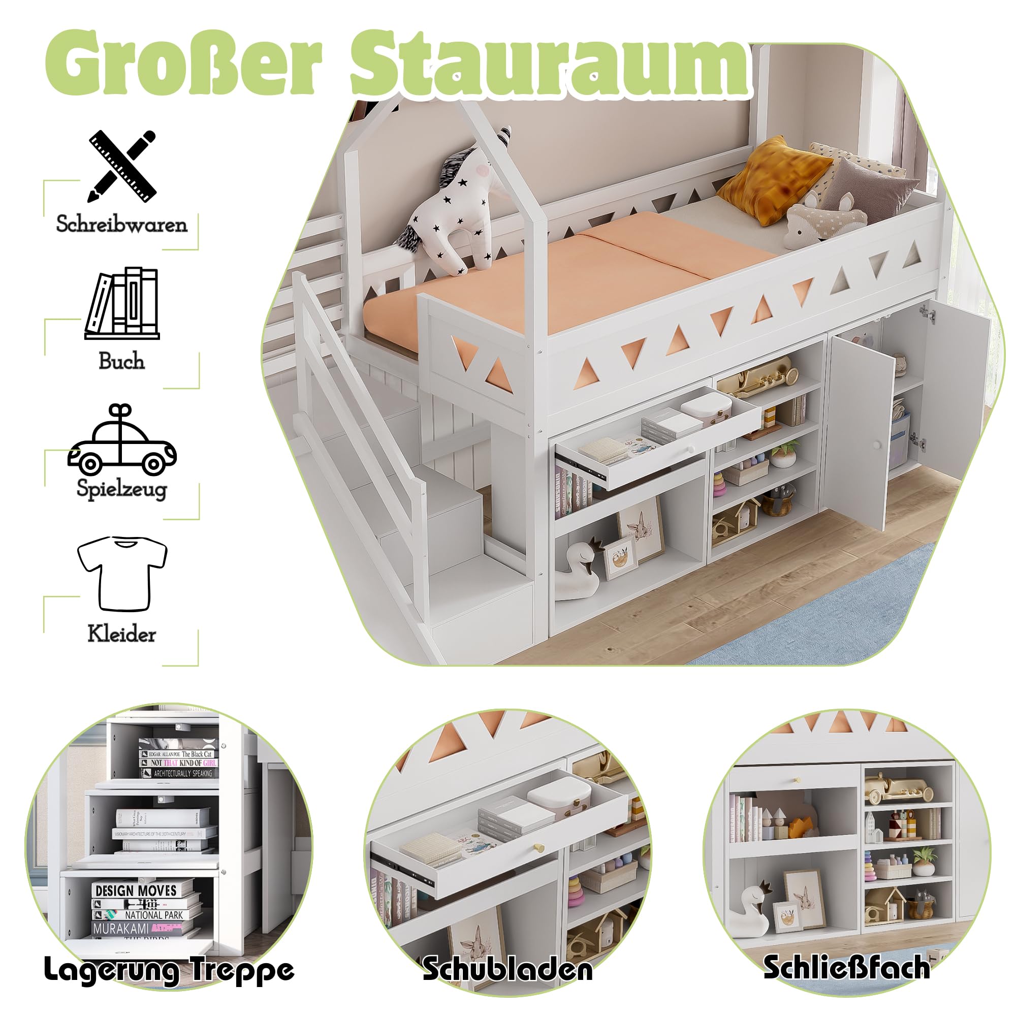 Merax Kinderbett Hochbett 90x200 cm, mit Treppe Staufach Stauraum,Rutsche,Schreibtisch,Schließfach,Platzsparendes Kinder Einzelbett mit Lattenrost und Rausfallschutz,Ohne Matratze,weiß,90 * 200cm