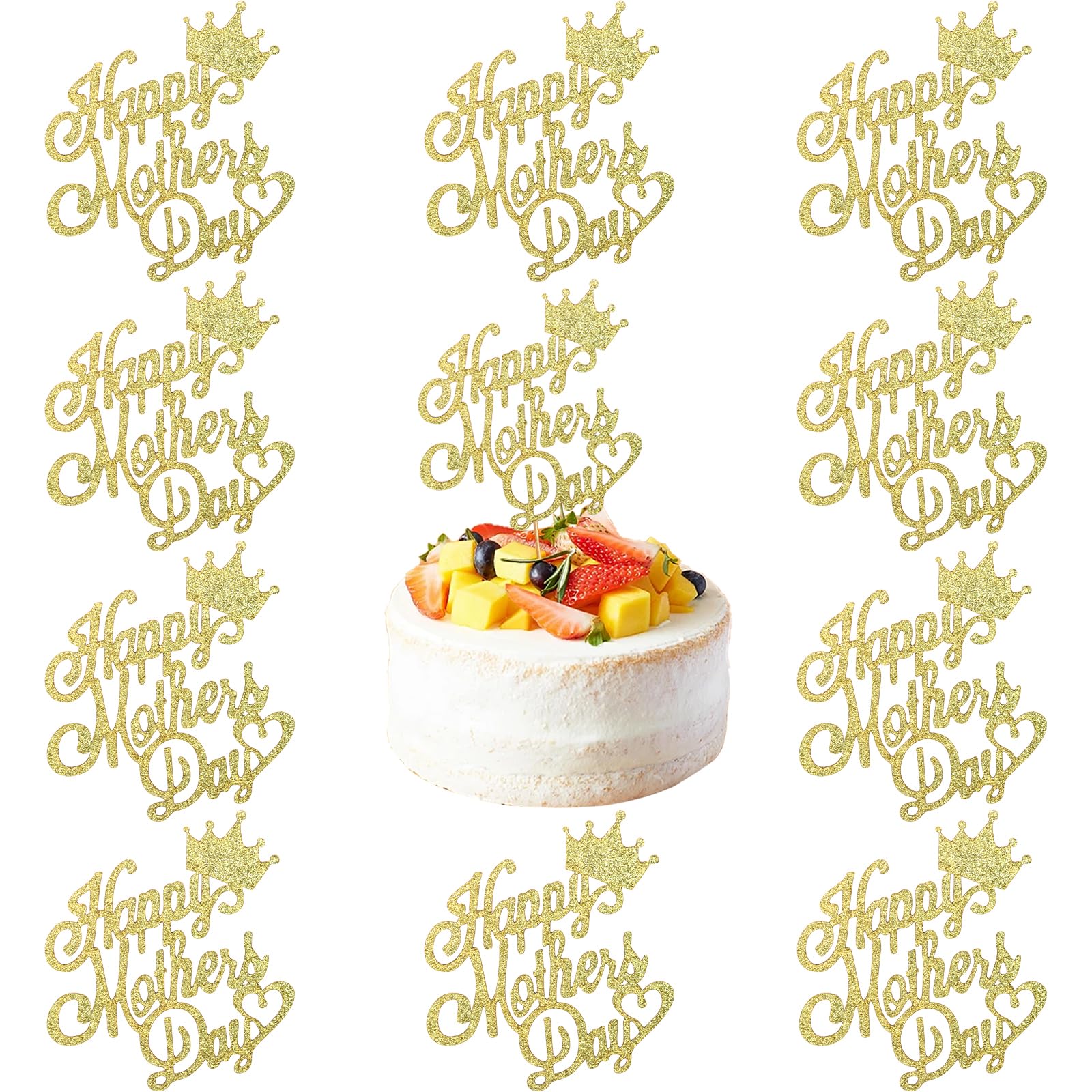 10Pcs Best Happy Mother's Cupcake Toppers with Happy Mother's Day Gold Glitter Crown Letter Cake Topper Decoration for Mother's Day Theme Birthday Party Supplies(A)