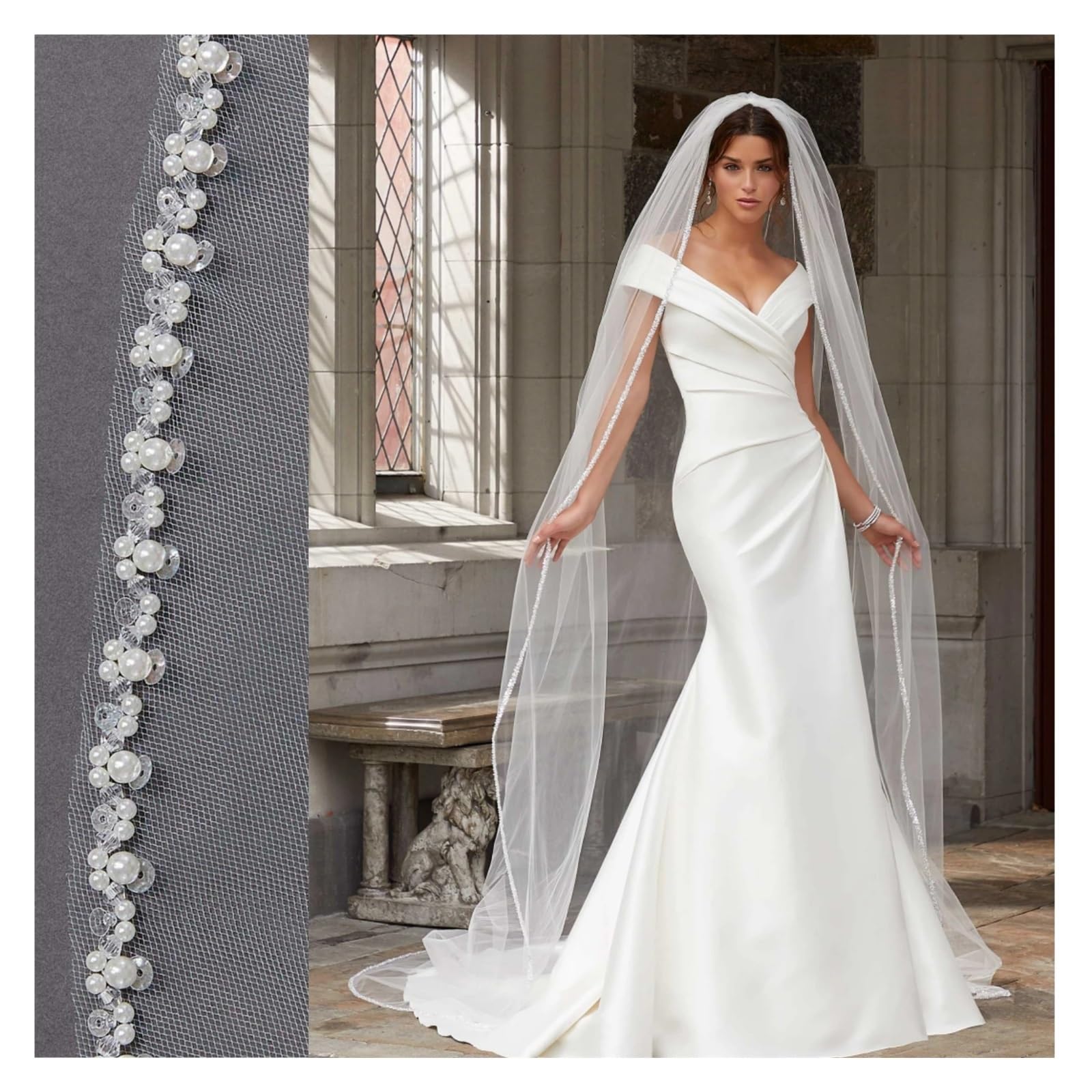 Luxuriöser langer Kathedralen-Hochzeitsschleier aus Kristallorganza, Brautschleier mit Strasssteinkante, 1 Ebene, weiche Accessoires(WHITE,300cm)