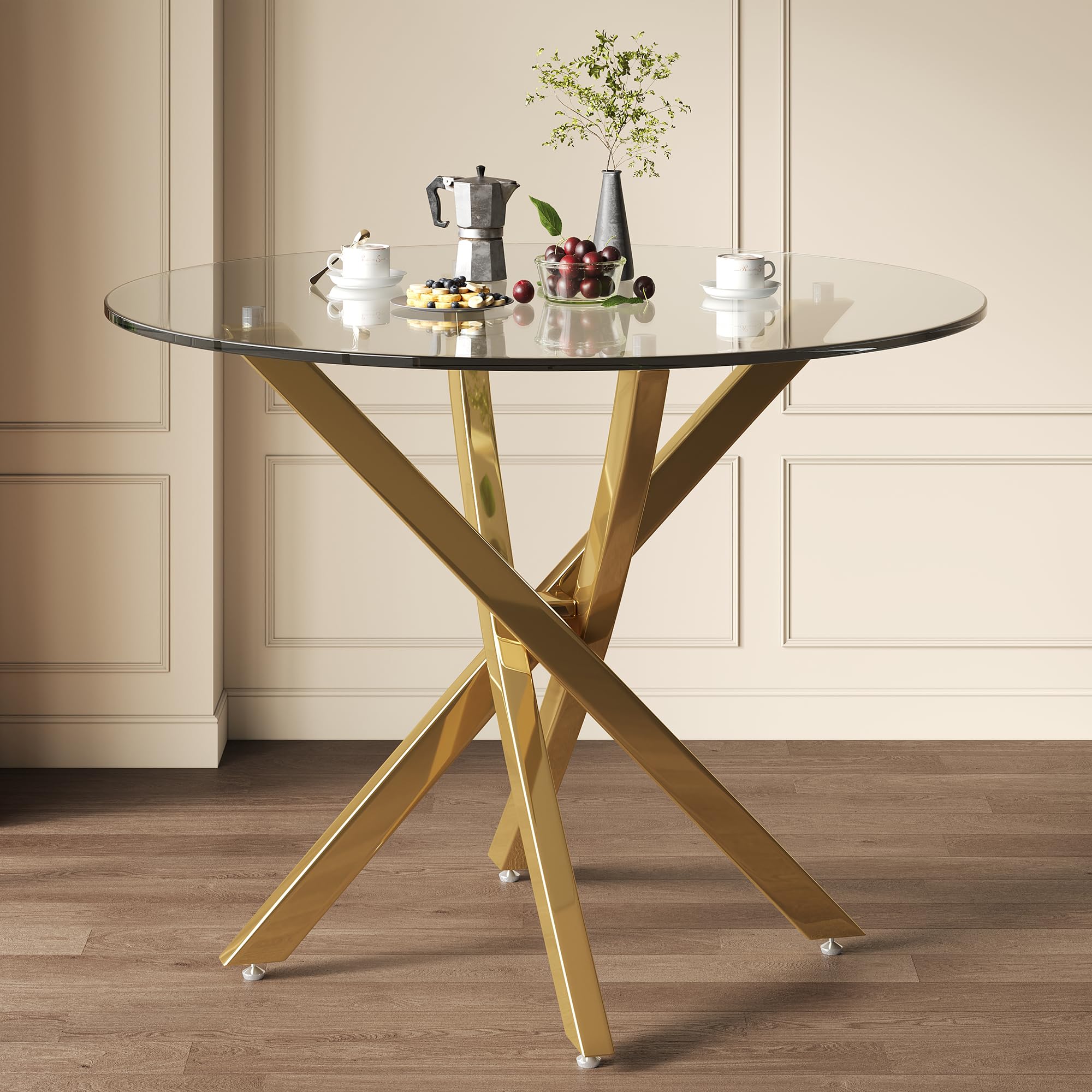 Tavolo da pranzo rotondo, 80 x 80 x 75 cm, piano in vetro, stile moderno, gambe dorate, può essere utilizzato come tavolino da caffè/tavolino d'appoggio, stile minimalista moderno, oro + vetro