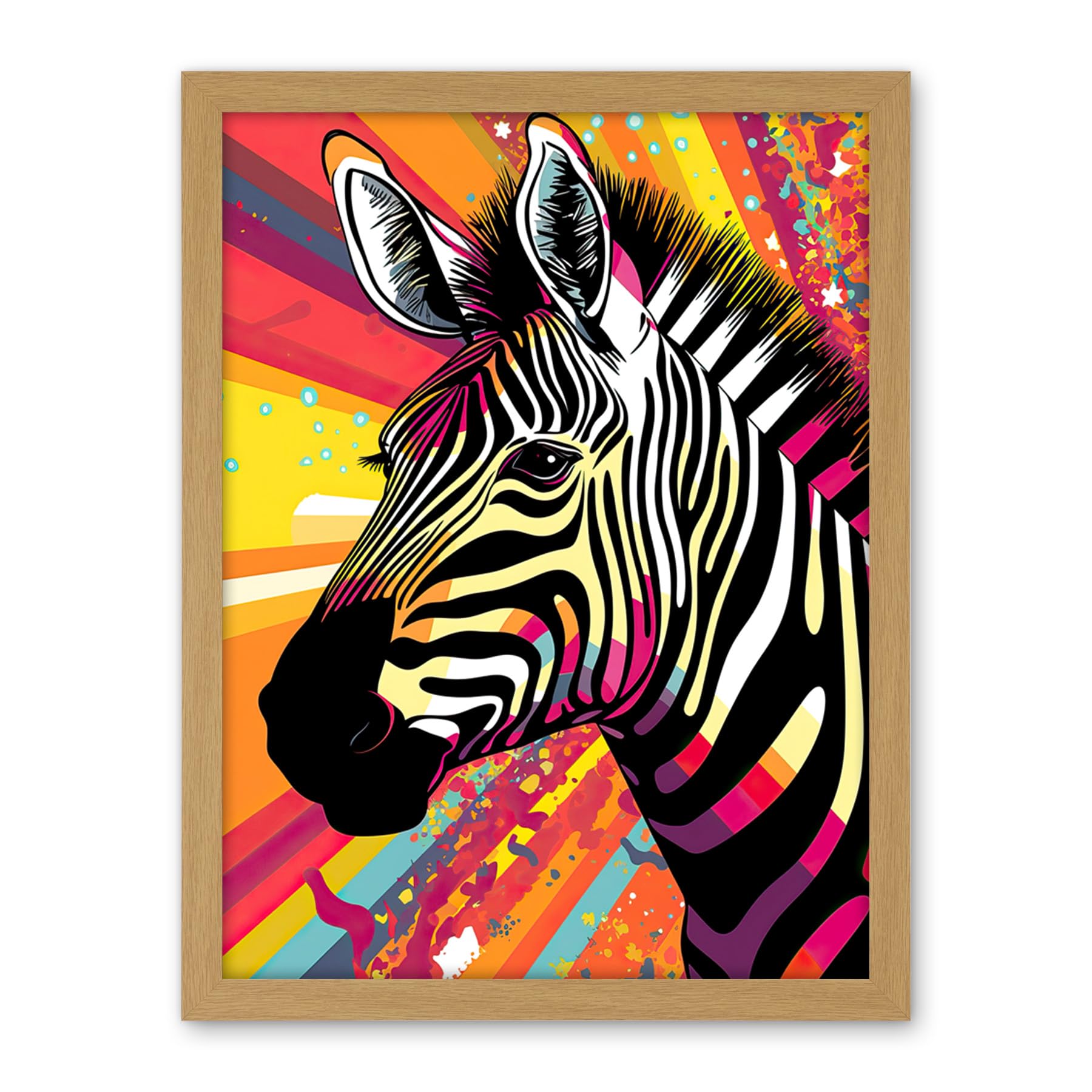 Artery8 Zebra Portrait Vibrant Colourful Stripes Bright Bold Psychedelic Rainbow Artwork Framed Wall Art Print 18X24 Inch