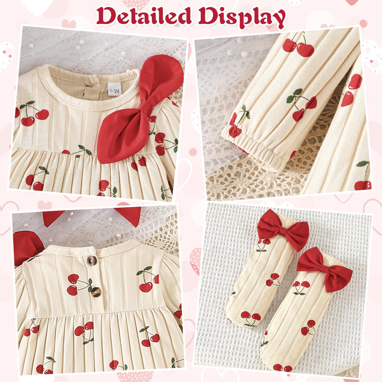 3 Pezzi Vestito per Bambina Neonato Completo a Manica Lunga Fascia per Capelli Fiocco e Calzini Abbigliamento Carino Stampato Neonati da 1 a 12 Mesi