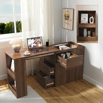 Rectangle Wooden Extendable Desktop Computer Desk with Drawers, Large Storage Study Writing Desk Workstation for Home, Office