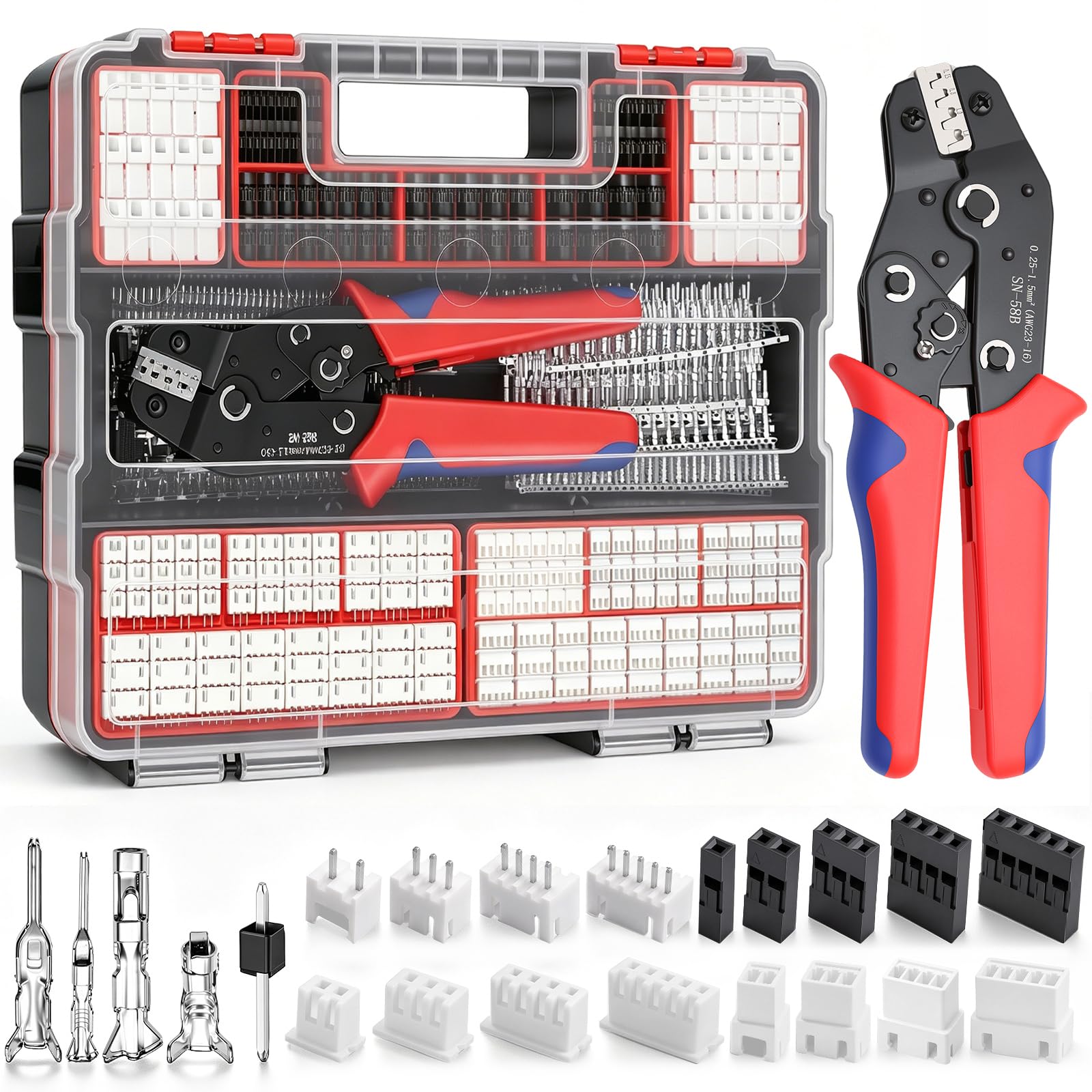 Taiss Crimpwerkzeug-Anschluss-Set mit JST-XH 2,5 mm/2,54 mm Steckern und Gehäusen, 22 Arten, AWG30-20 Ratschen-Crimper für JST-Stecker, XH 2,54 mm, D-Sub-Terminals, DIY-Elektronik, 1593-teilig