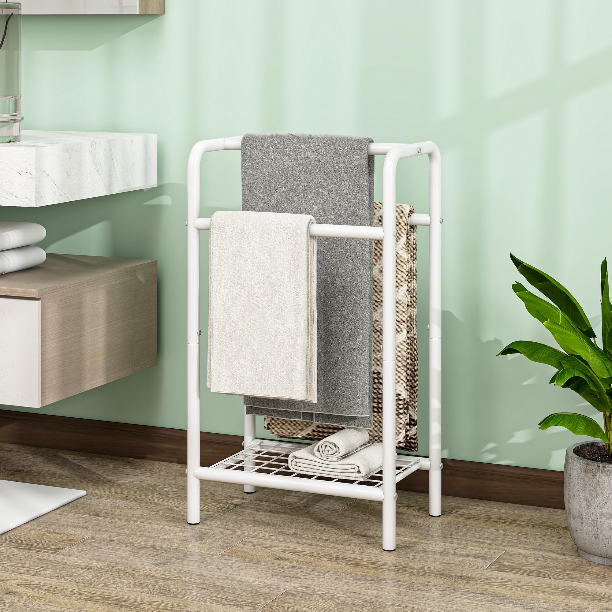 Portasciugamani a 3 livelli in metallo, piccolo autoportante per bagno, salvaspazio, camera da letto, piscina, espositore rack (bianco, 43x27x76 cm)