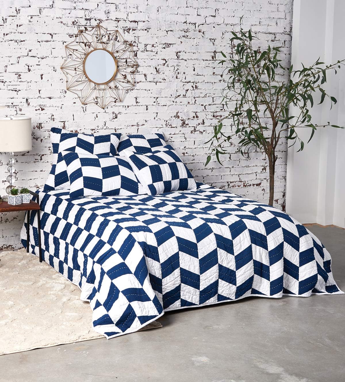 carol & frank Herringbone Patch Indigo King Quilt King Blue